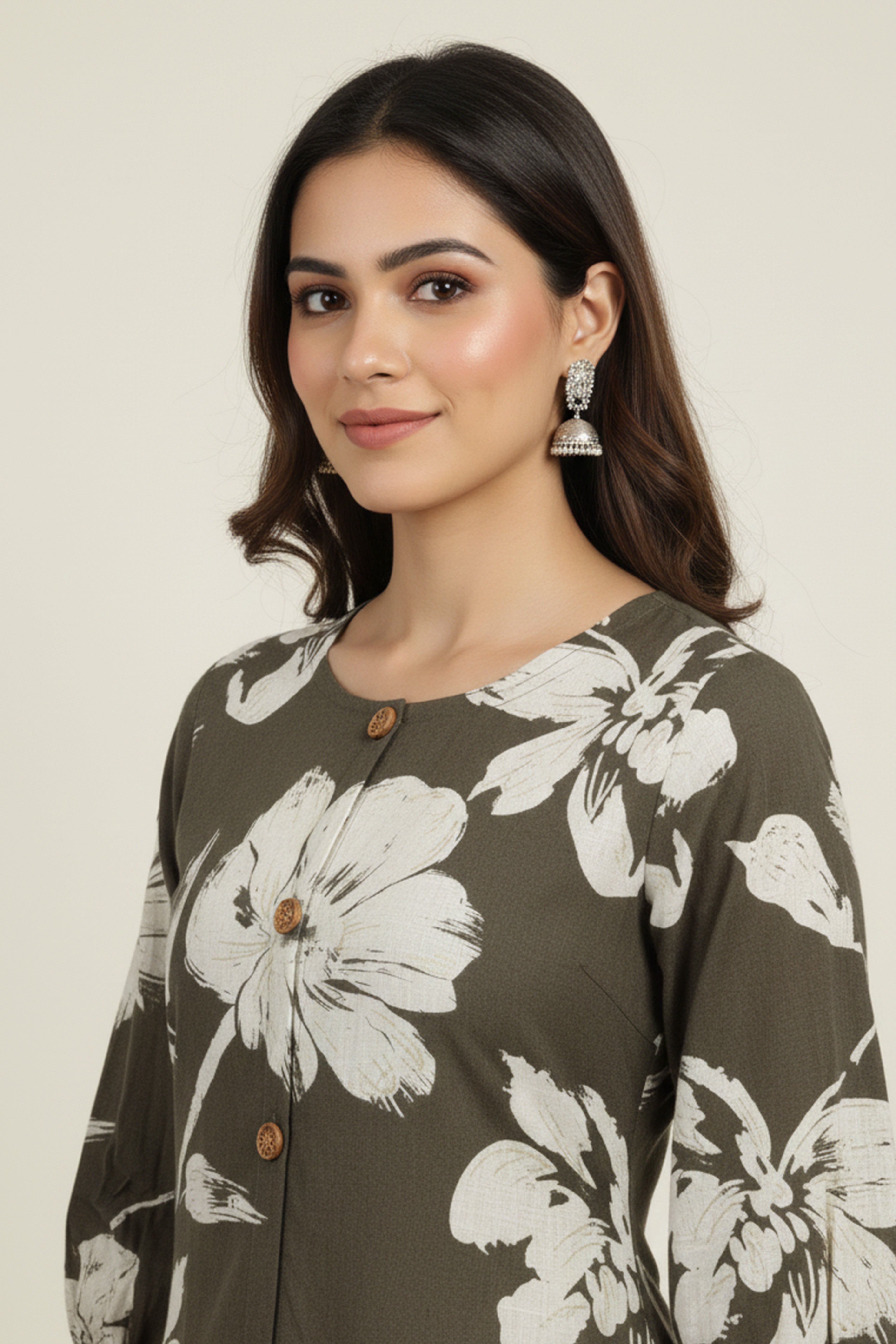 Dark Grey Rayon Kurti Accented with Delicate Floral Motifs