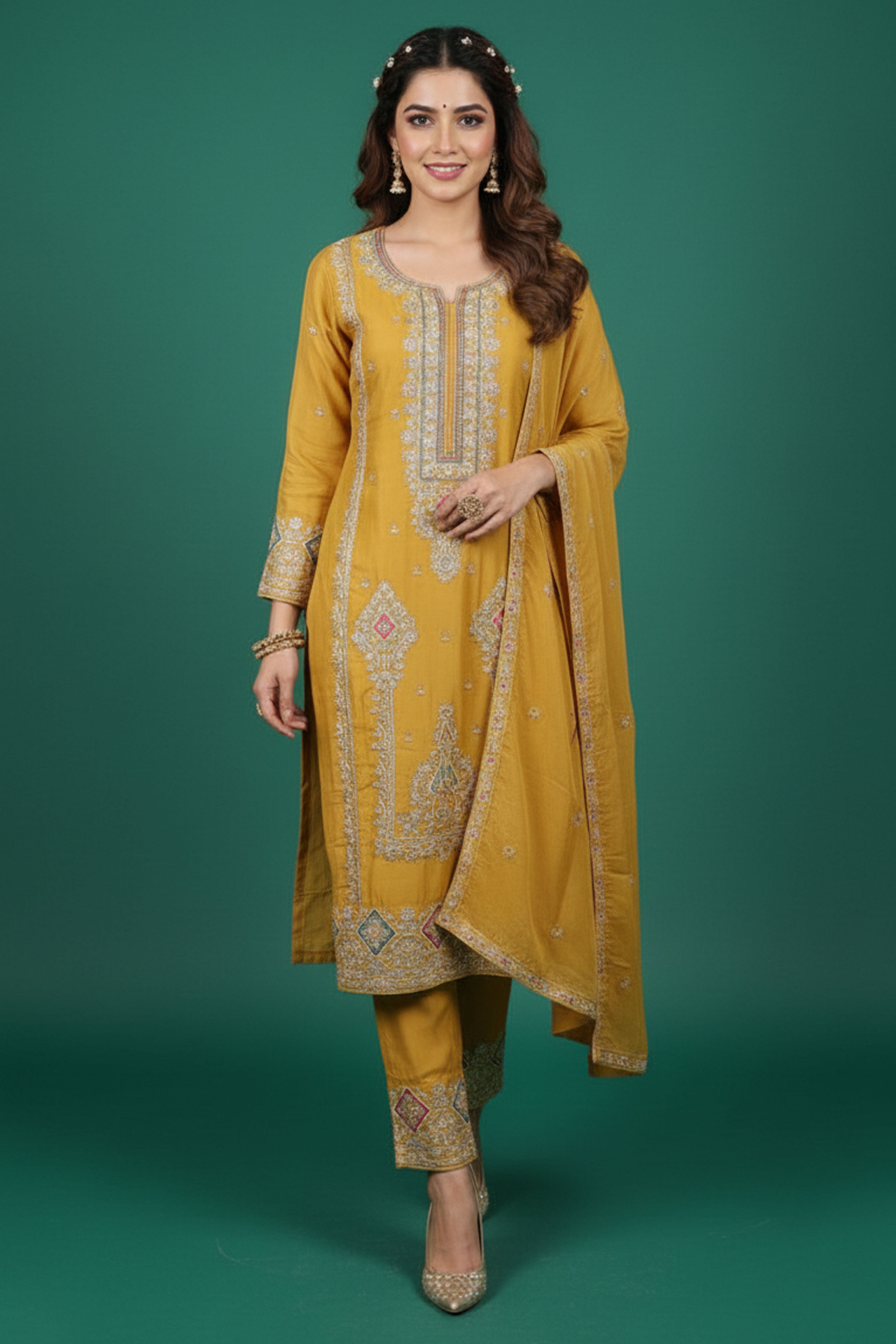 Bright Yellow Embroidered Pure Organza Suit with Sequins Highlights