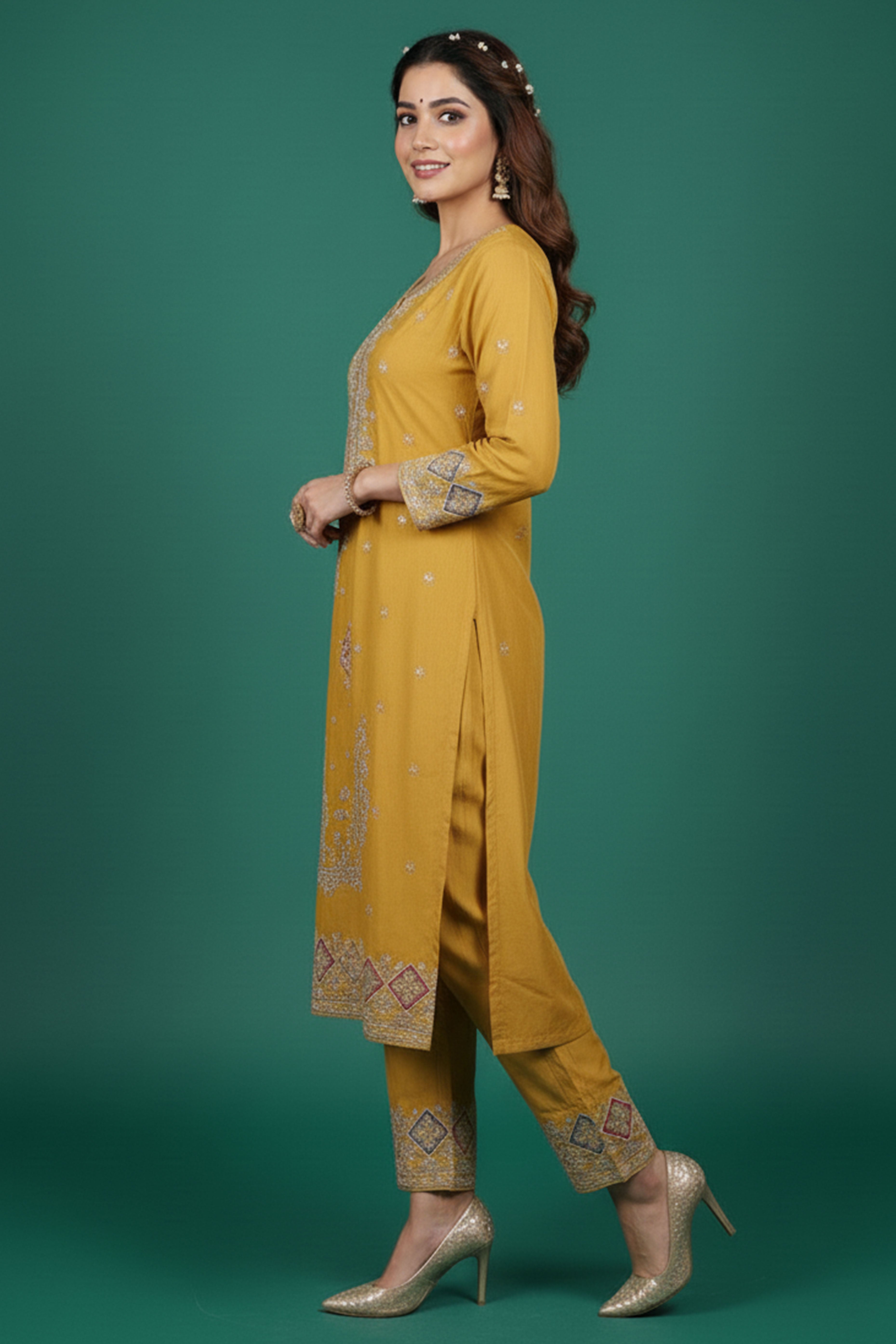 Bright Yellow Embroidered Pure Organza Suit with Sequins Highlights