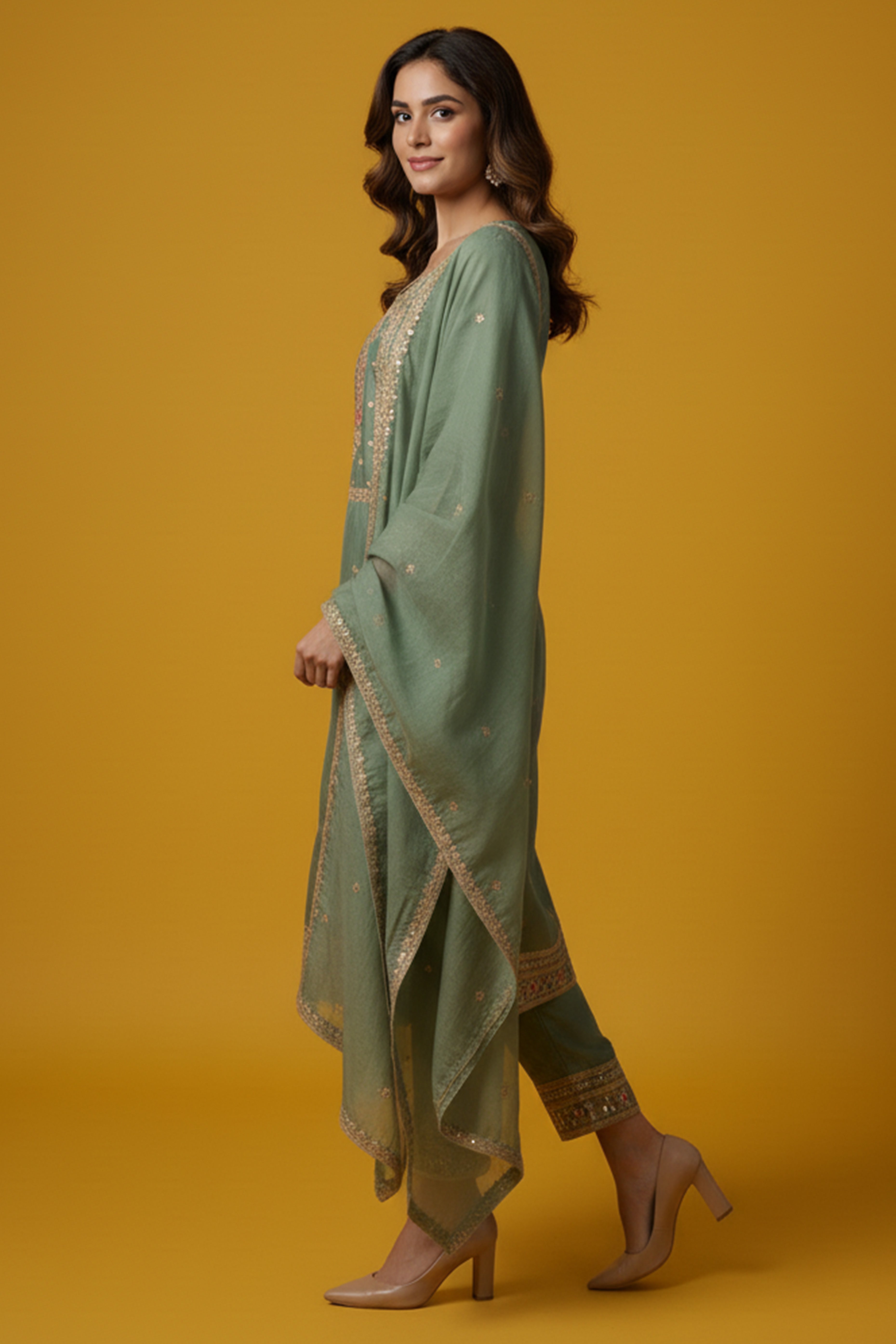 Green Organza Suit Accented with Thread & Sequins Work