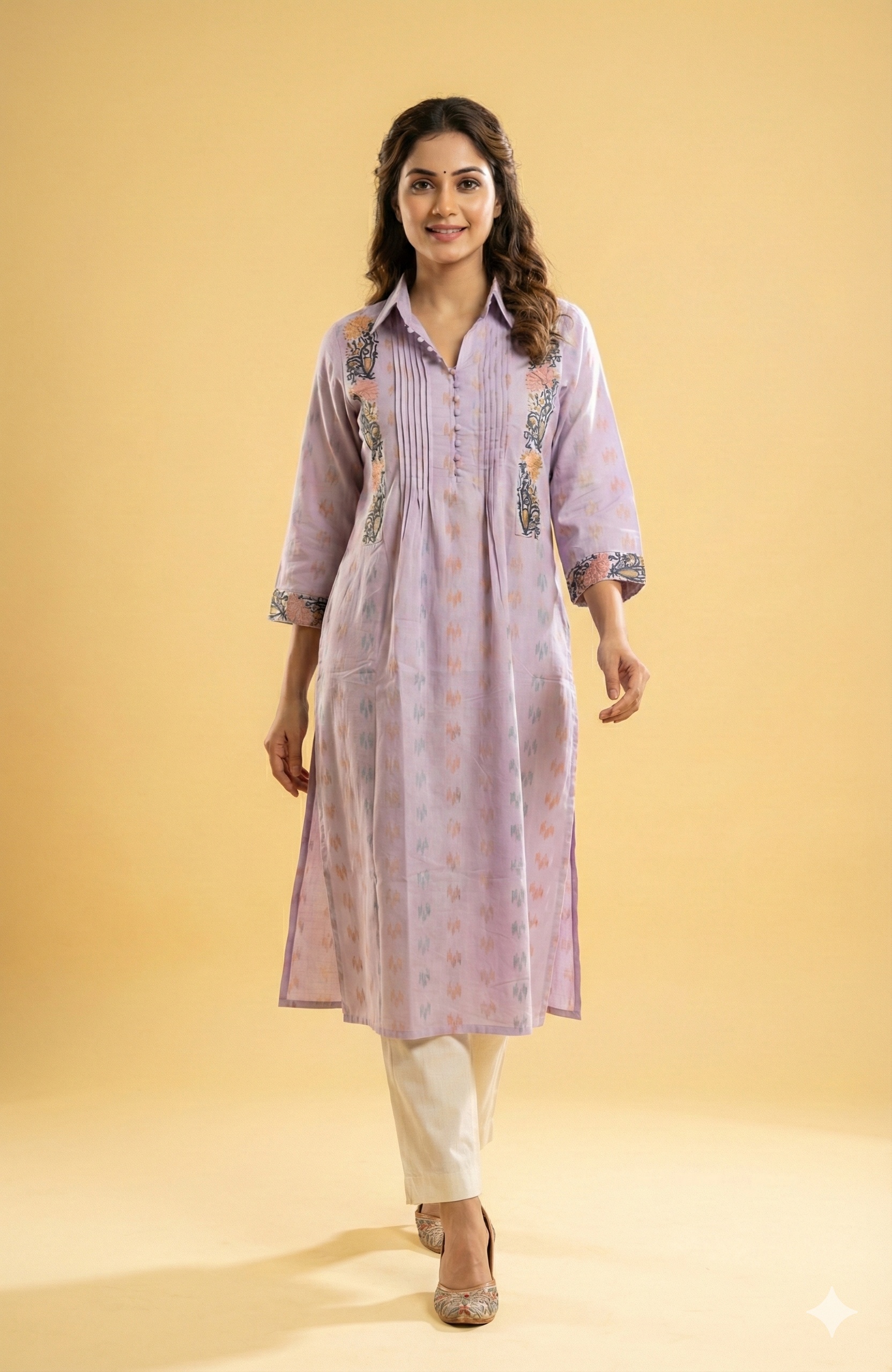 Lavender Straight-Cut Cotton Kurti Showcasing Soft Prints and Graceful Embroidered Accents