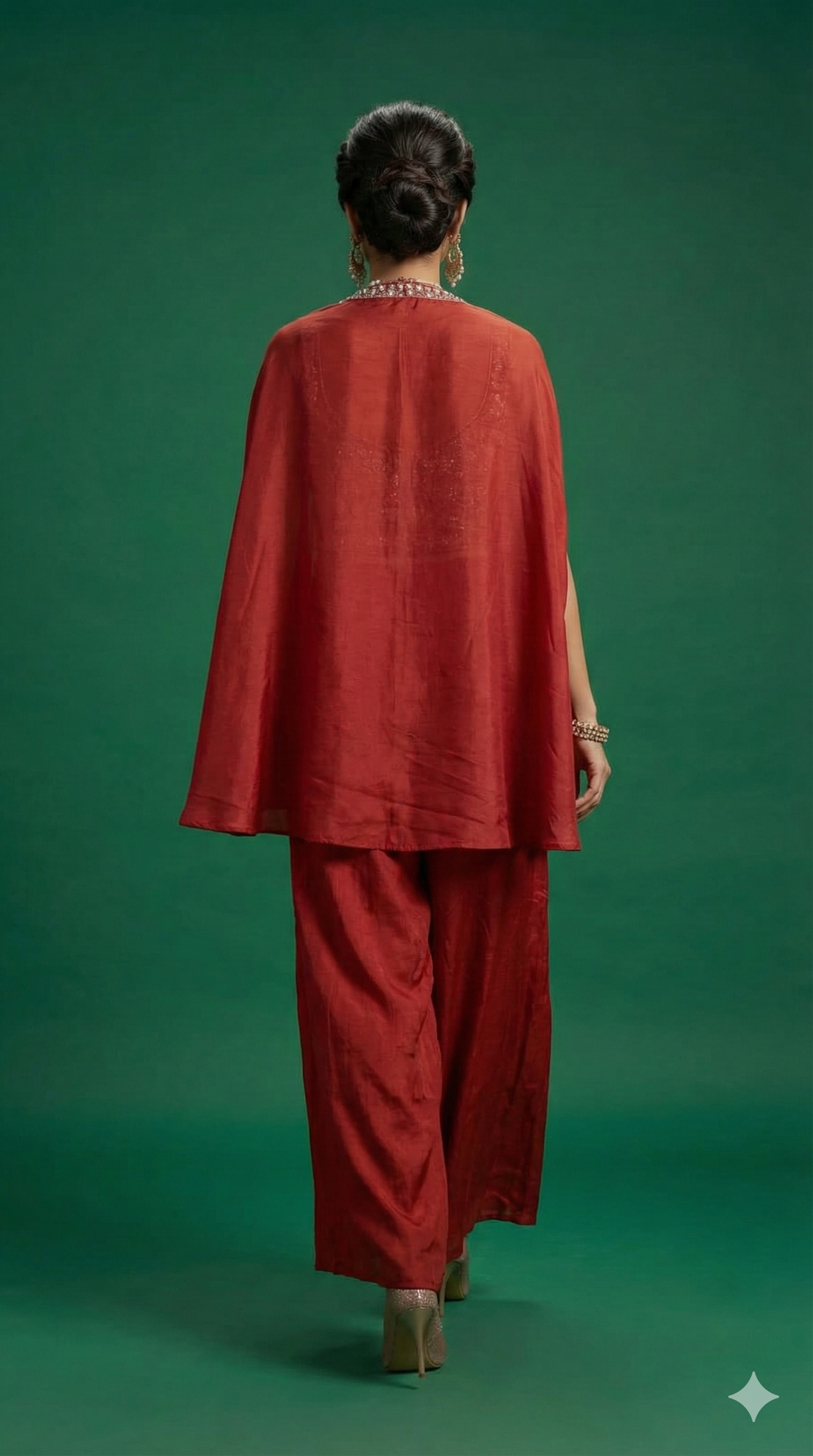 Red Festive Solid Co-Ord Ensemble with Rich Embroidery Detailing on Viscose Blend Blouse