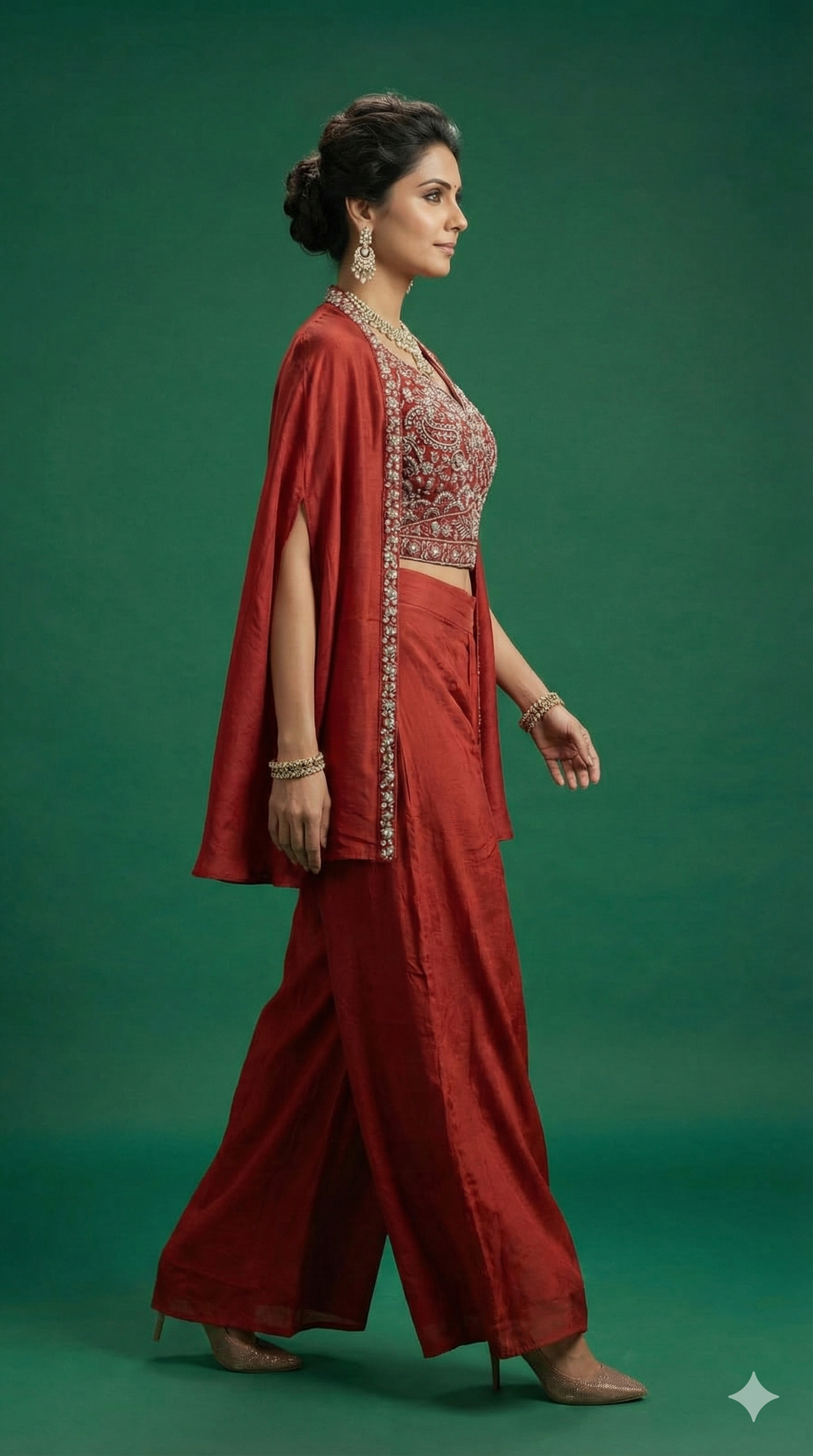 Red Festive Solid Co-Ord Ensemble with Rich Embroidery Detailing on Viscose Blend Blouse