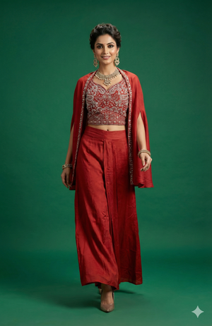 Red Festive Solid Co-Ord Ensemble with Rich Embroidery Detailing on Viscose Blend Blouse