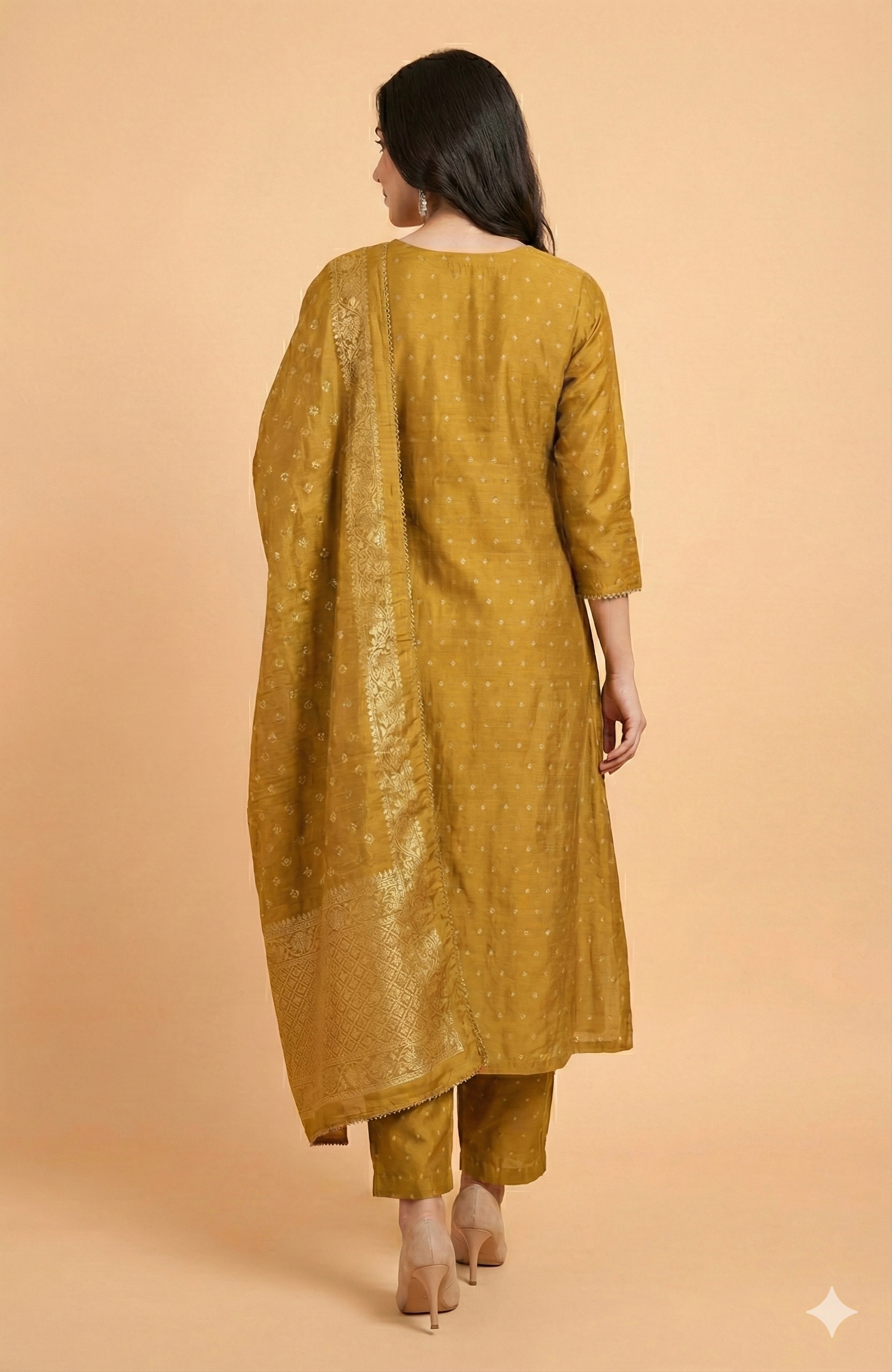 Mustard Chanderi Silk A-Line Salwar Suit Enhanced With Elegant Weaving & Floral Cording Embroidery