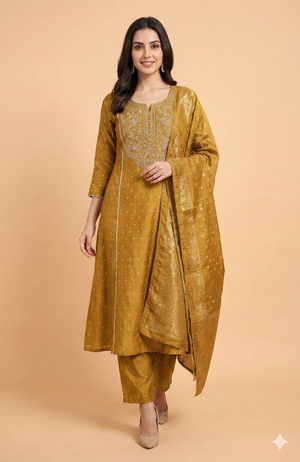 Mustard Chanderi Silk A-Line Salwar Suit Enhanced With Elegant Weaving & Floral Cording Embroidery