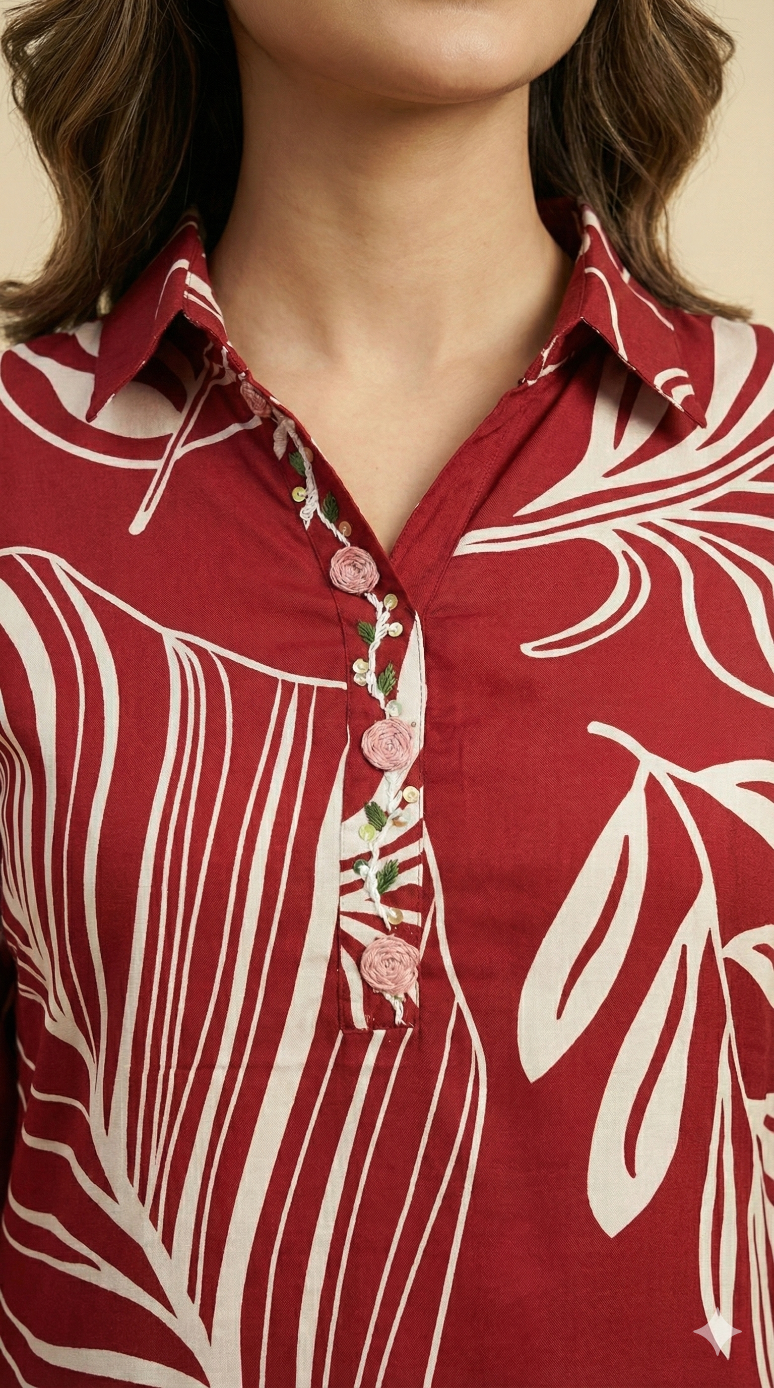 Red floral printed straight-cut rayon top and bottom set designed for effortless style.