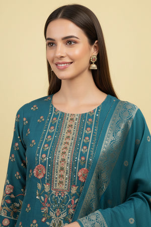 Beautiful Turquoise Floral Printed Straight Suit Designed in Lightweight Pure Muslin