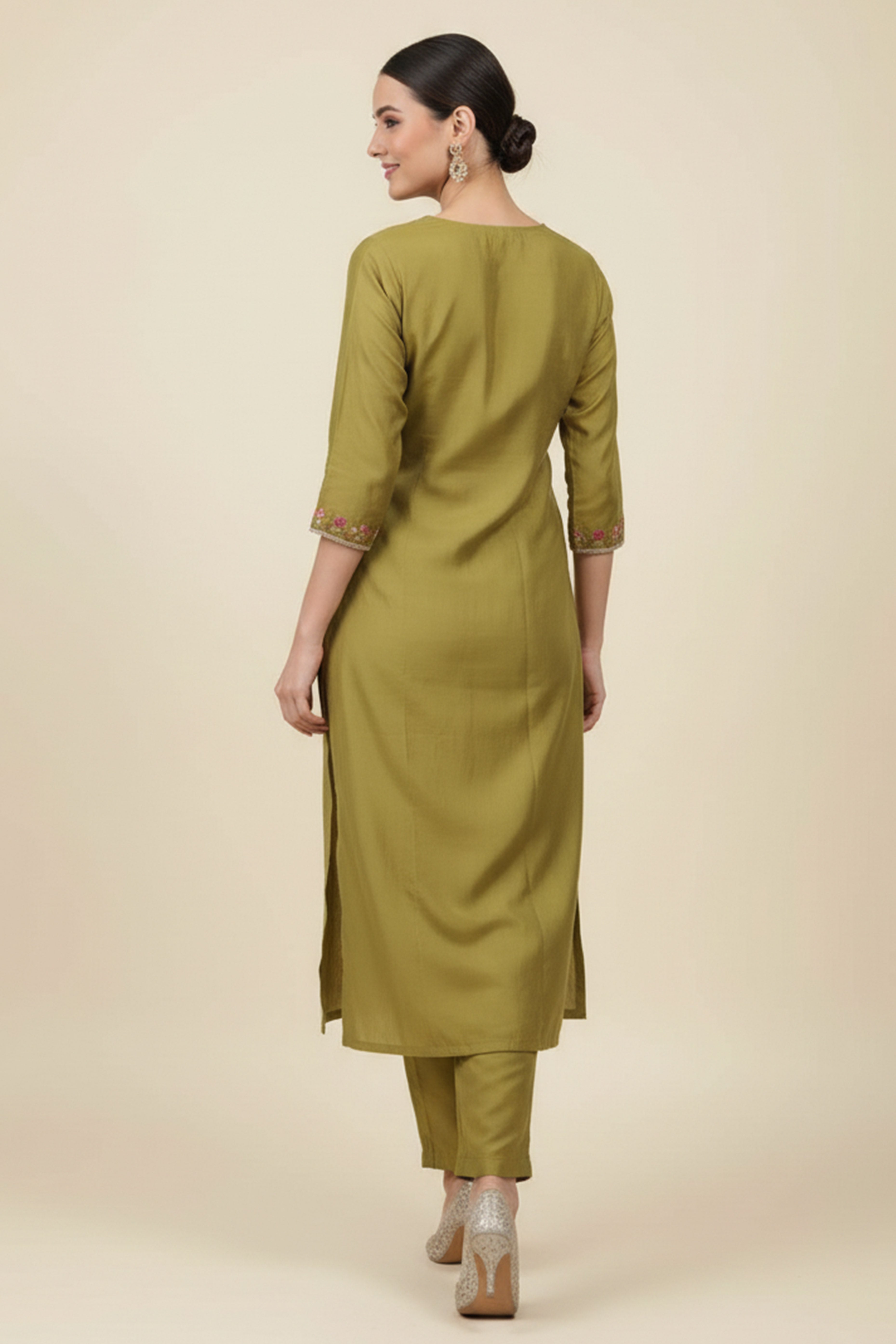 Exquisite Olive Mulmul Chanderi Suit with Fine Floral Embroidery Straight Cut Design