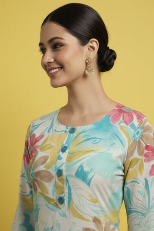 Sky Blue Lightweight Rayon Straight Kurti Highlighted with Multicolor Floral Printing