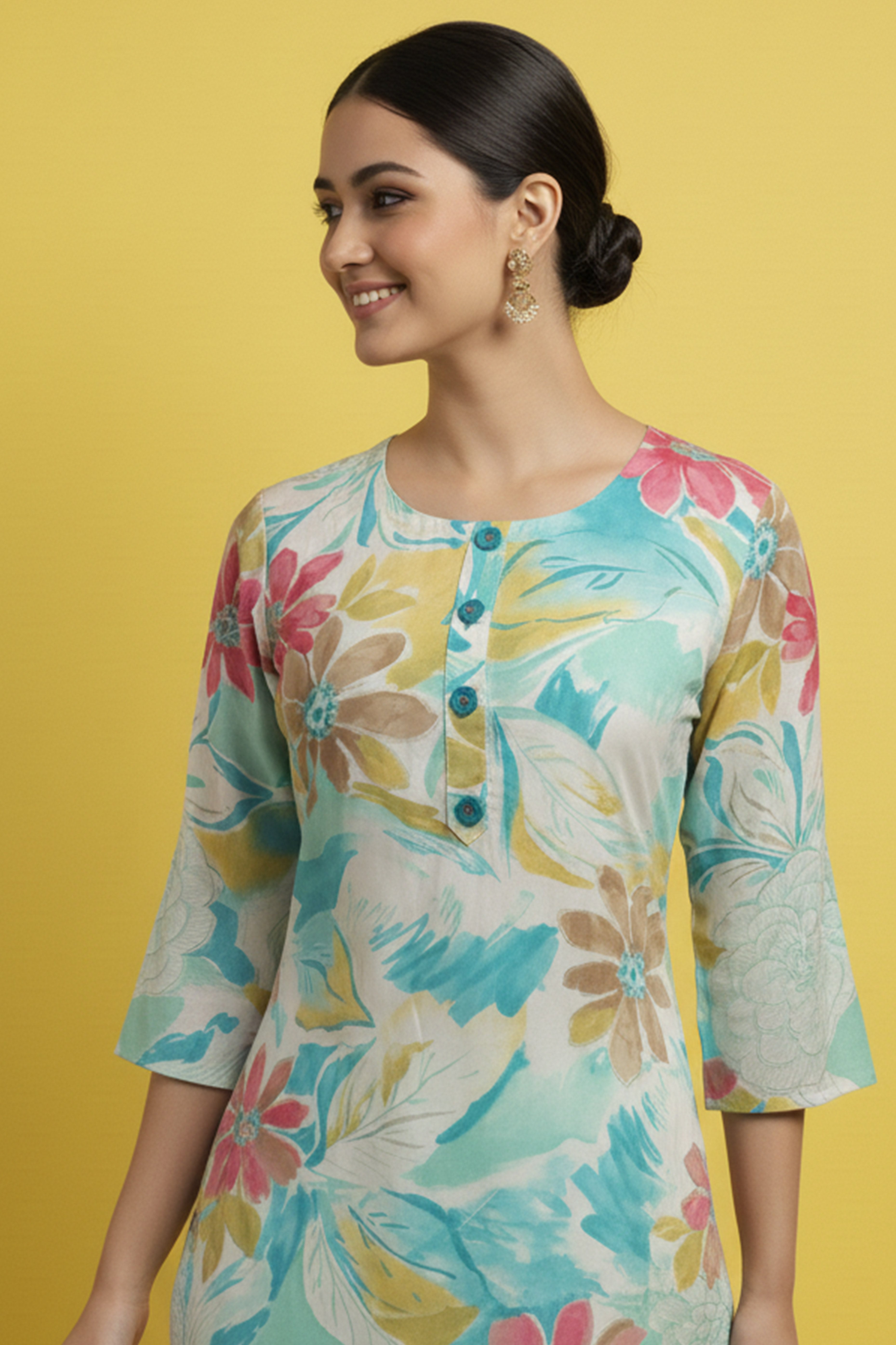 Sky Blue Lightweight Rayon Straight Kurti Highlighted with Multicolor Floral Printing