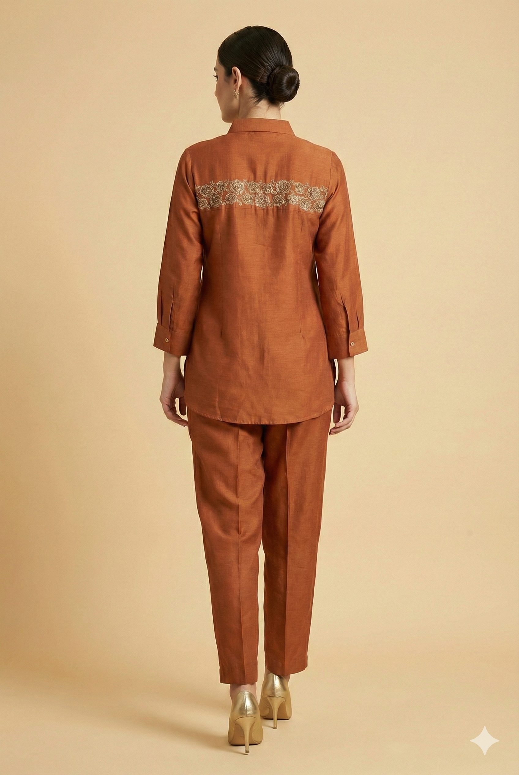 Graceful Rust Floral Embroidered Viscose Blend Top Paired with Matching Pant