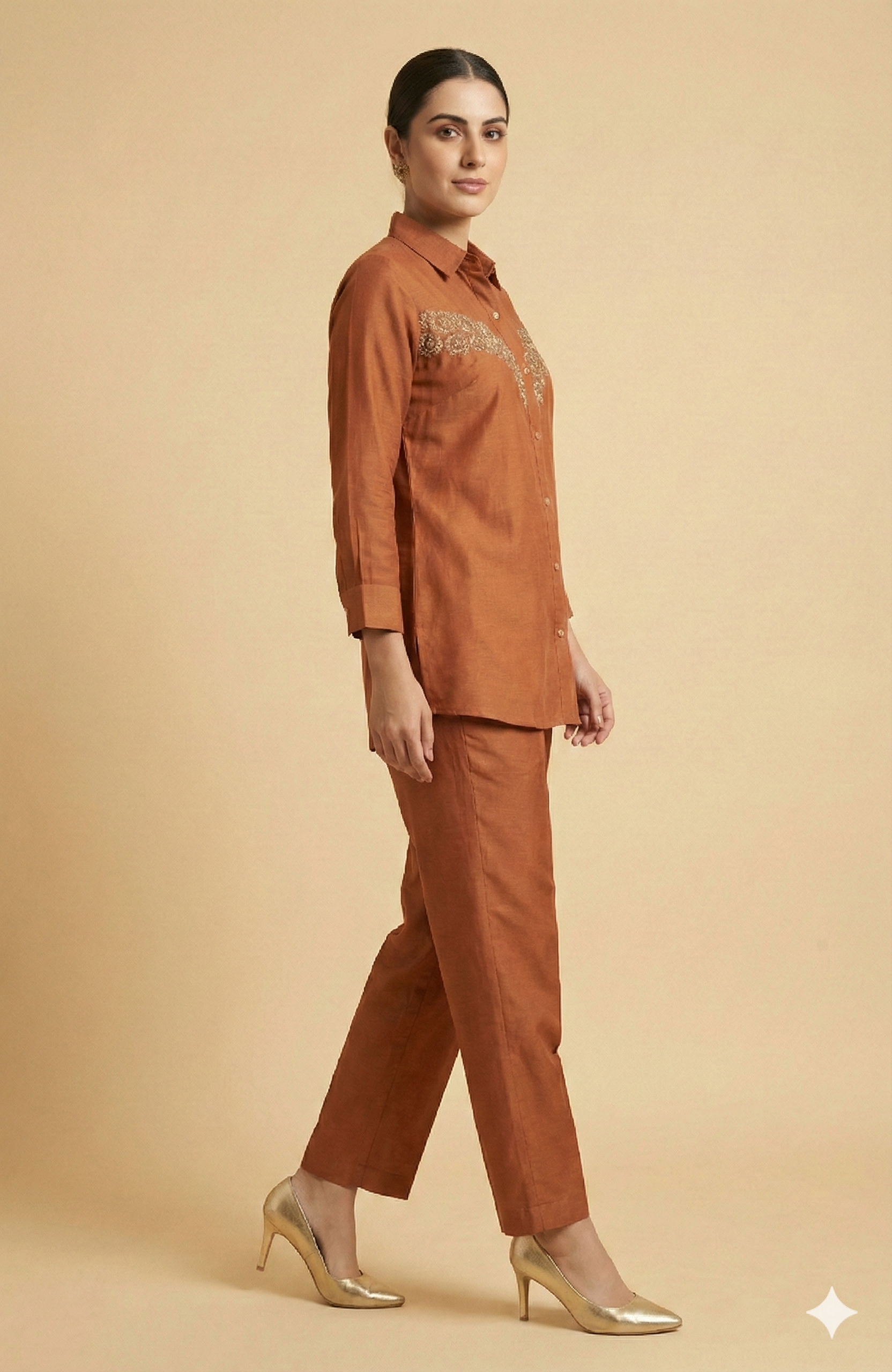 Graceful Rust Floral Embroidered Viscose Blend Top Paired with Matching Pant