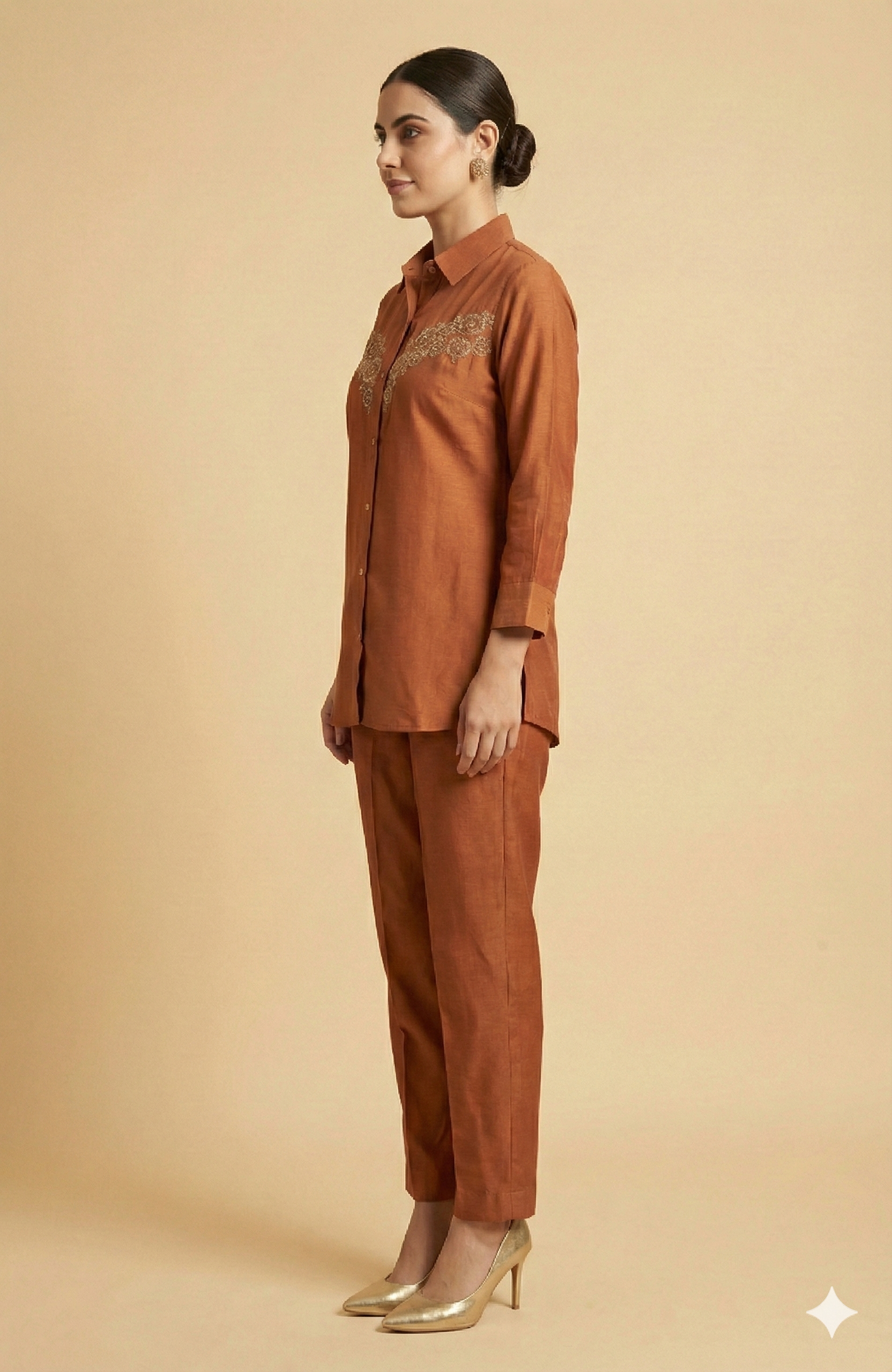 Graceful Rust Floral Embroidered Viscose Blend Top Paired with Matching Pant