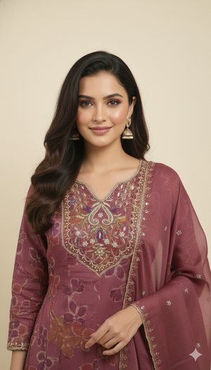 Gorgeous Dark Mauve Floral Printed Viscose Organza Anarkali Suit for Festive and Party Occasions