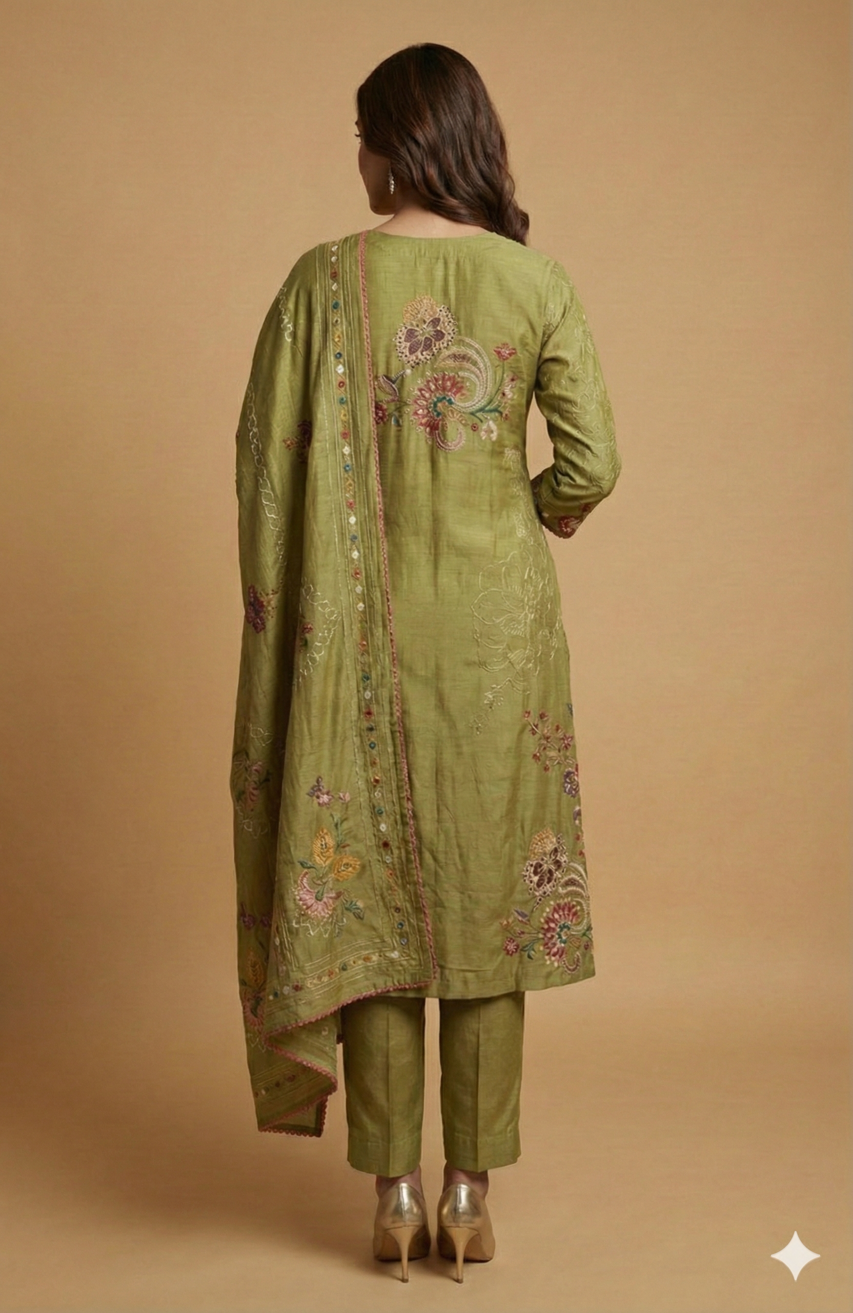 Green Floral Print Muslin Salwar Suit Designed in a Straight-Fit Silhouette with Fine Embroidery