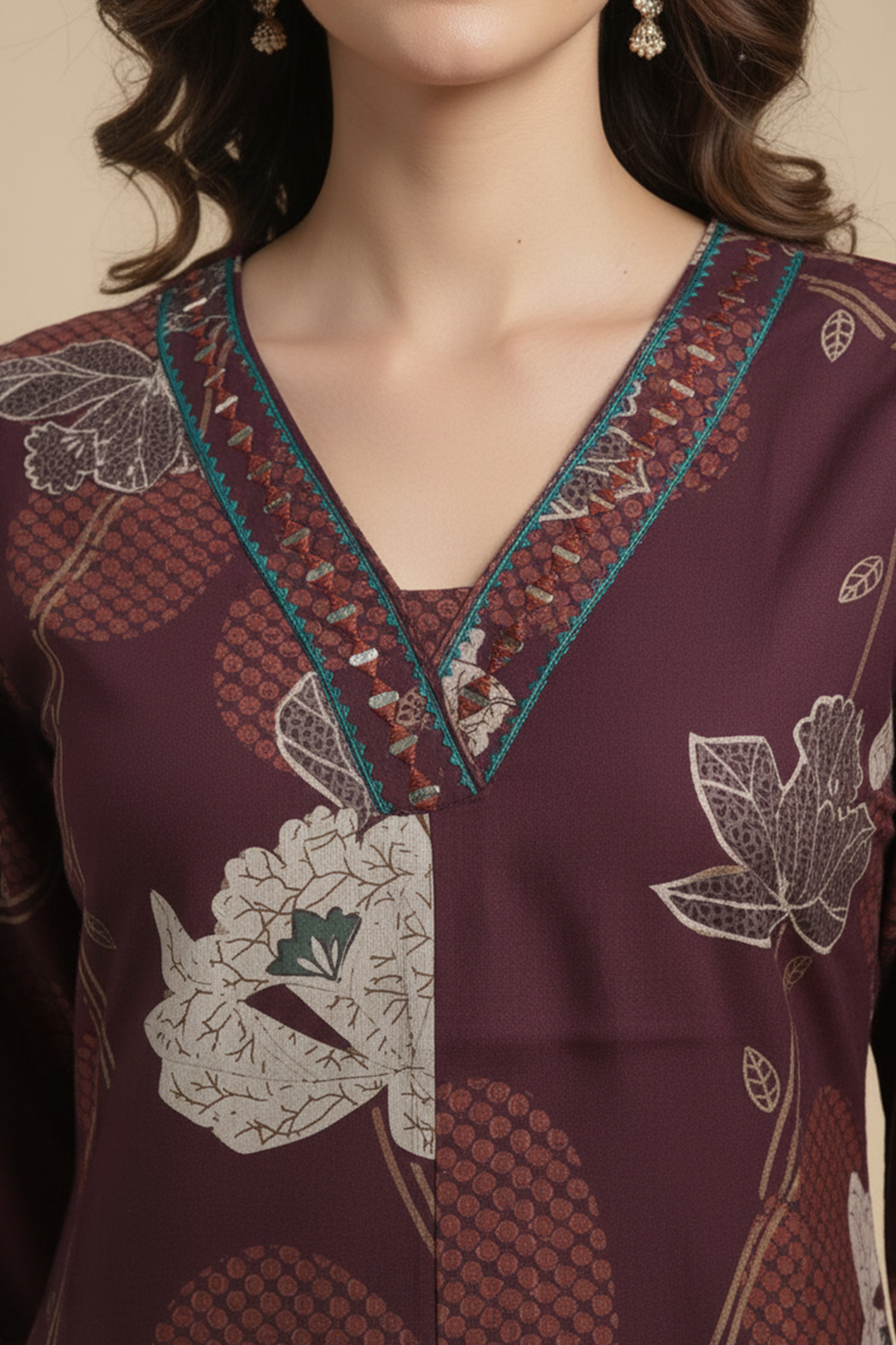 Wine Blossom Woven Rayon A-Line Festive Top and Bottom Ensemble