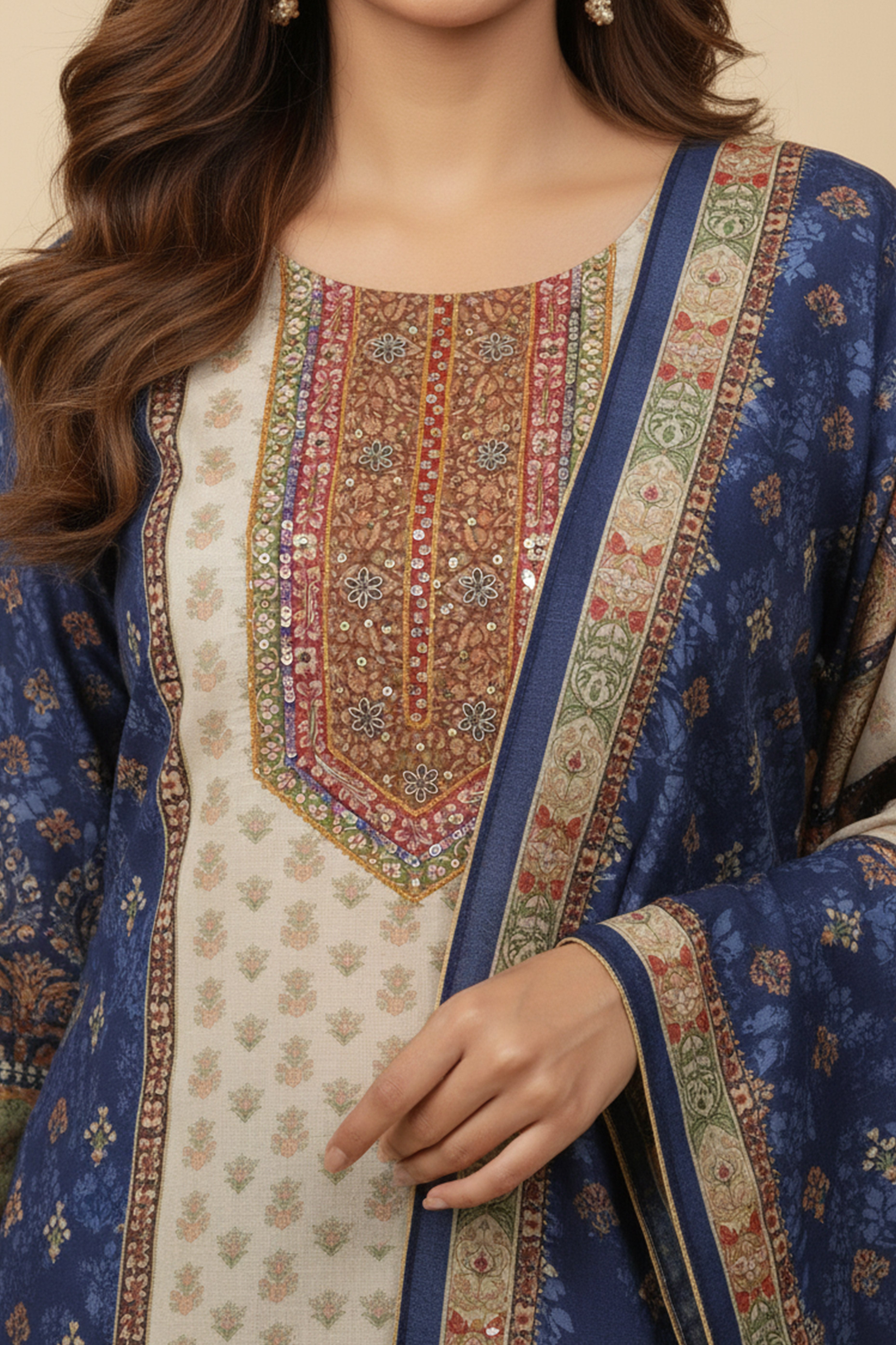 Blue Designer Muslin Salwar Suit Featuring Floral Print With Hand-Embroidered Neckline