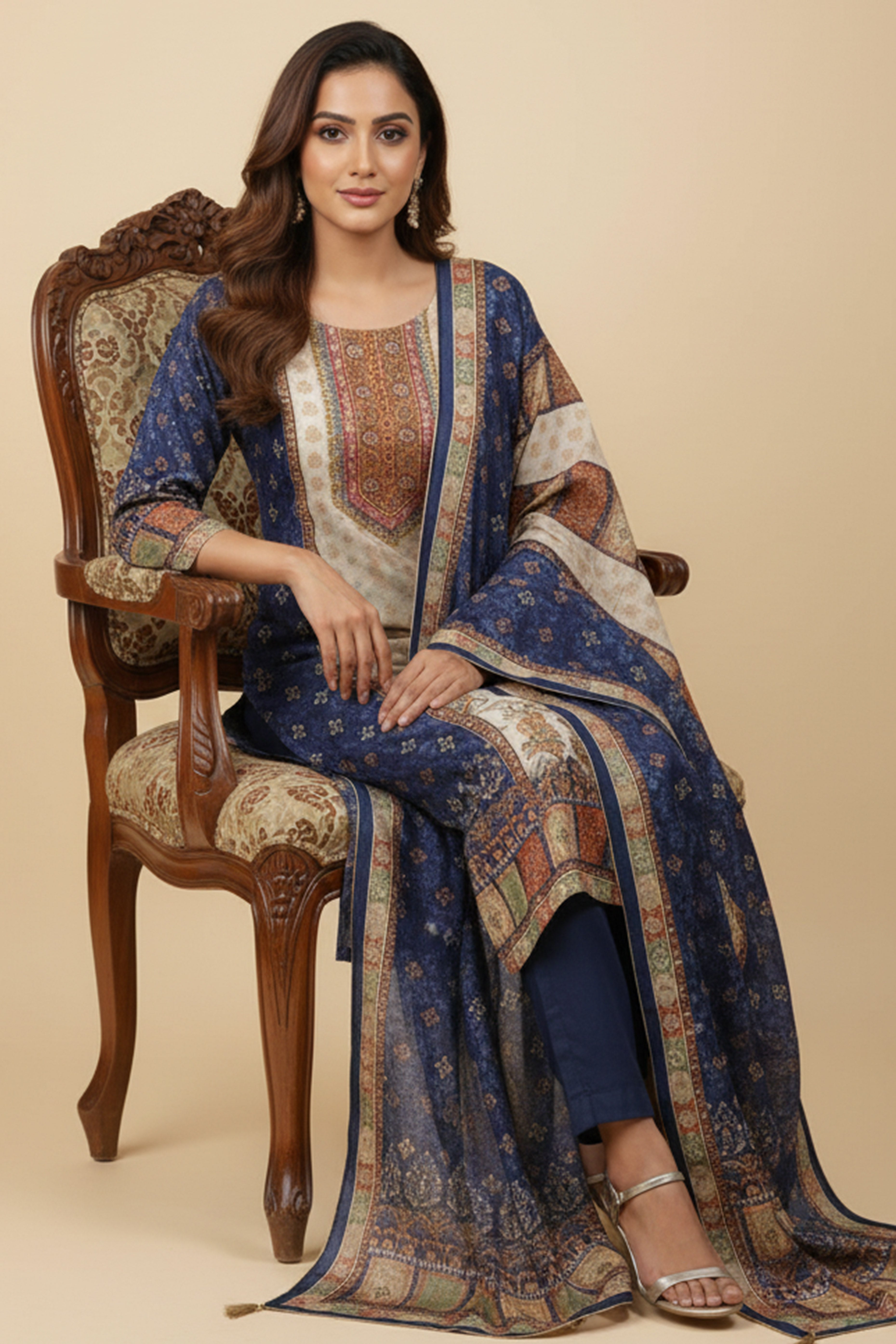 Blue Designer Muslin Salwar Suit Featuring Floral Print With Hand-Embroidered Neckline
