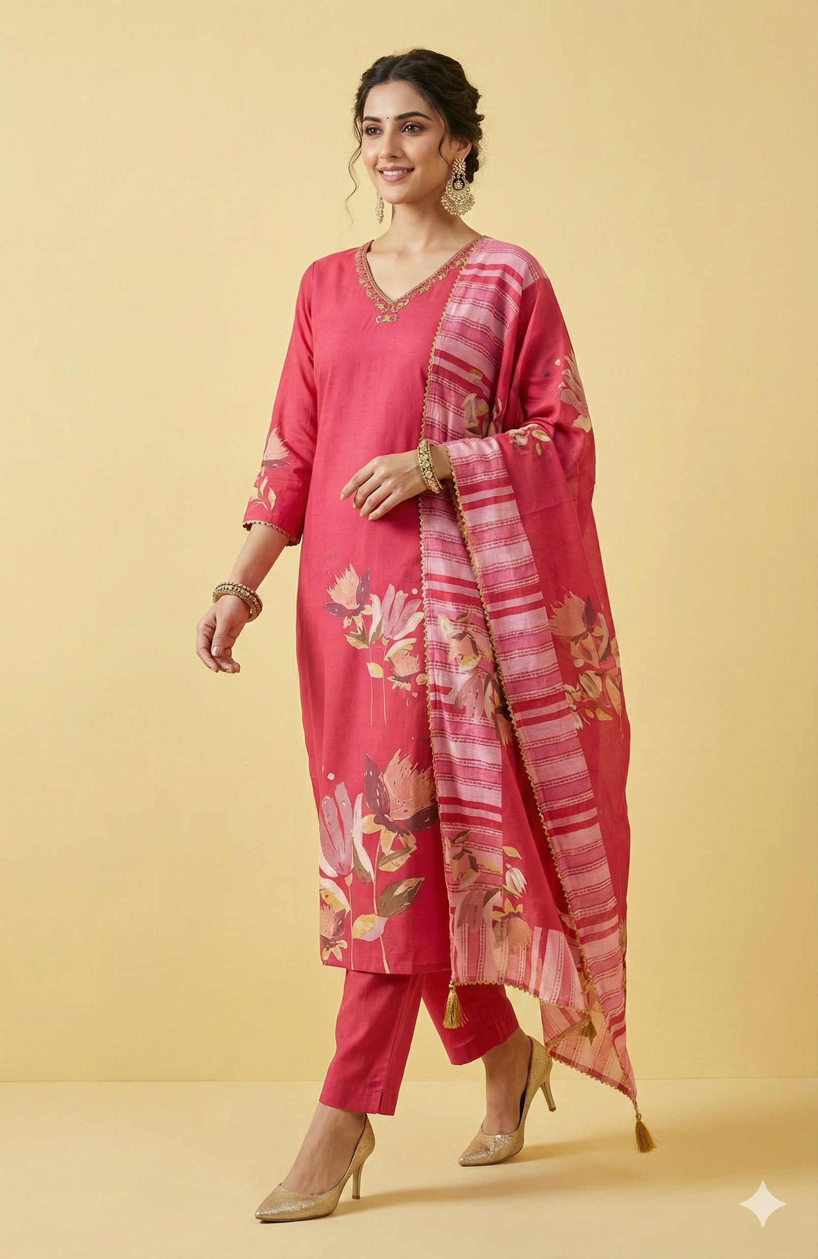 Pink Muslin Straight Cut Salwar Kameez All Over Floral Print Beads Detailing