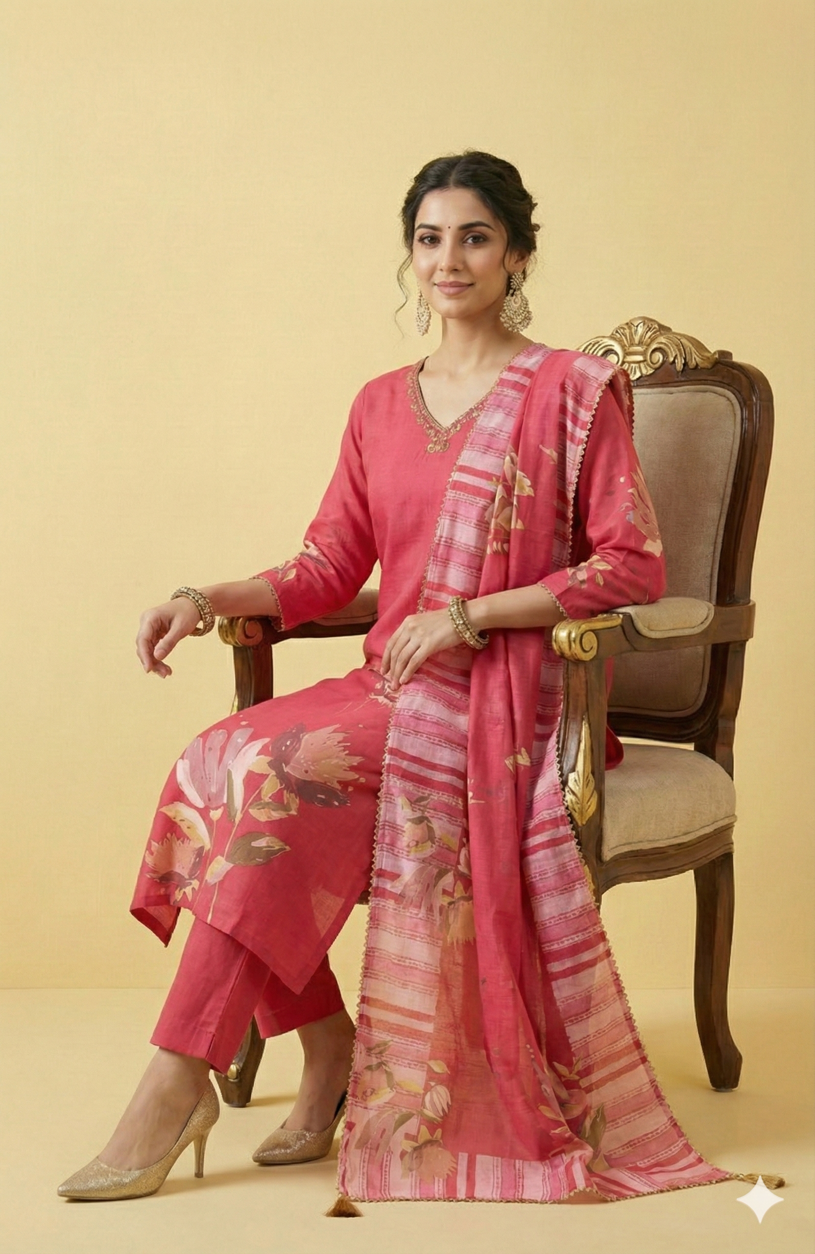 Pink Muslin Straight Cut Salwar Kameez All Over Floral Print Beads Detailing