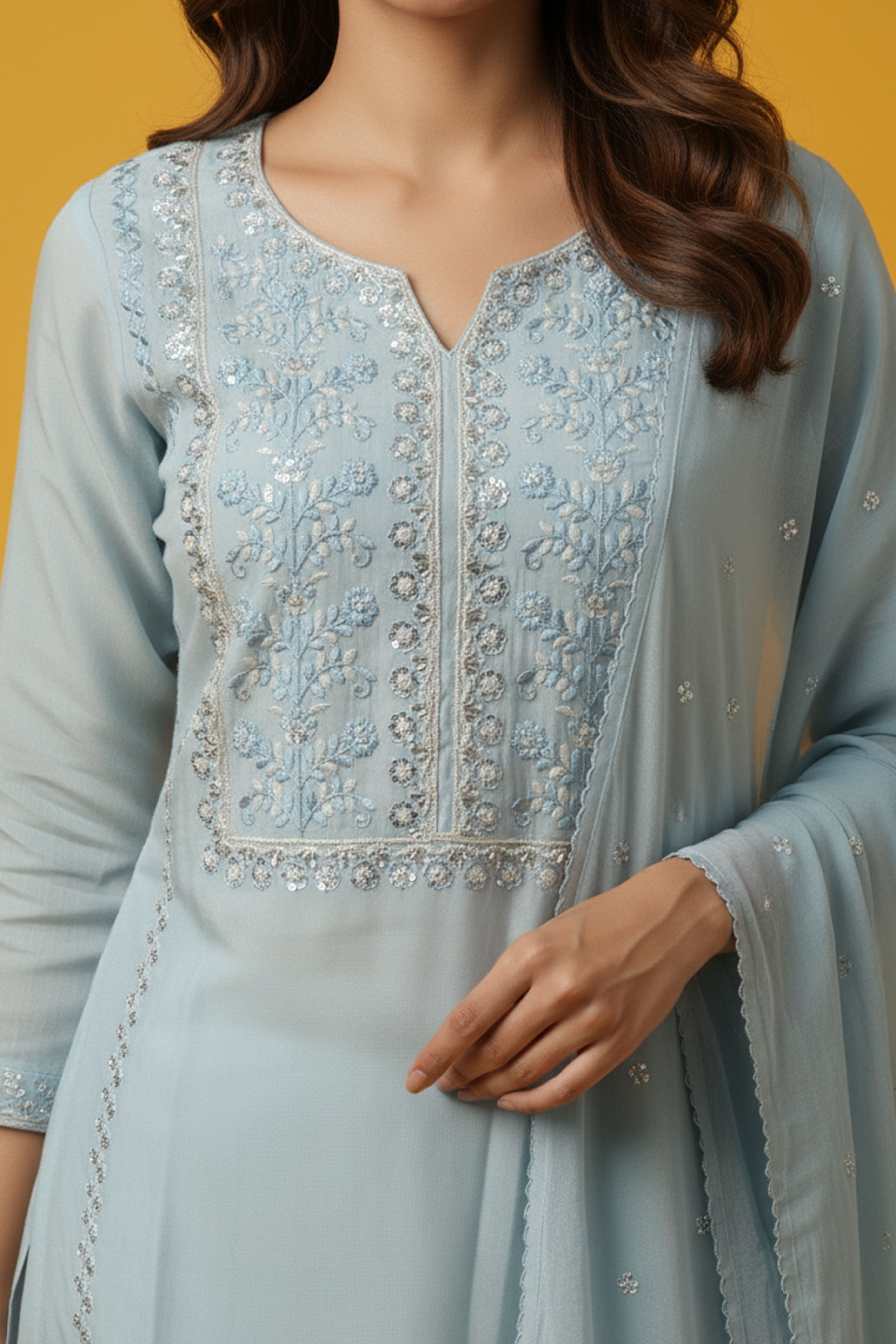 Festive Powder Blue Straight Viscose Blend Salwar Suit with Delicate Beads and Embroidery Detailing