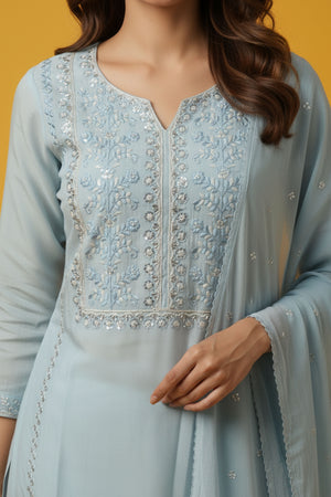Festive Powder Blue Straight Viscose Blend Salwar Suit with Delicate Beads and Embroidery Detailing