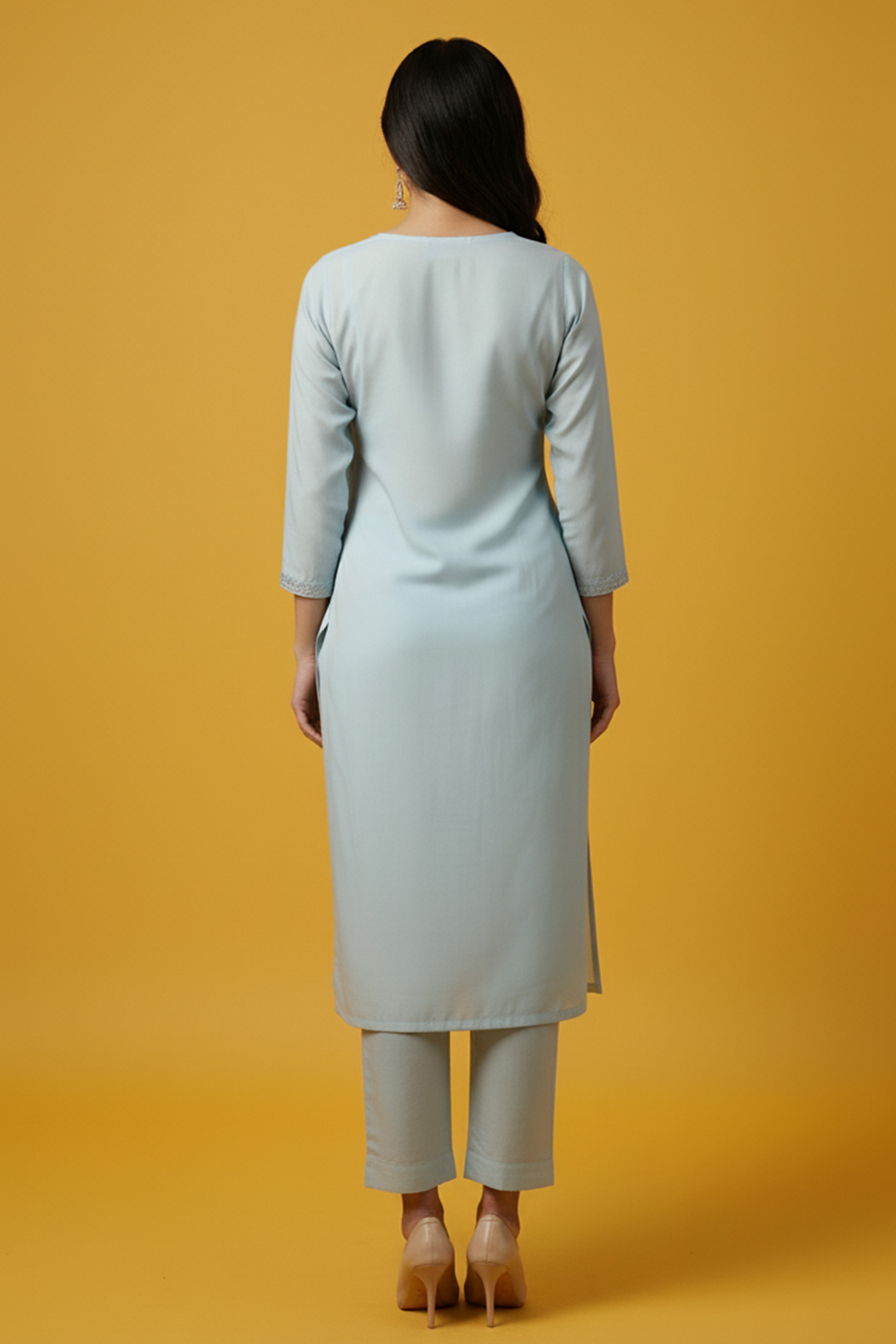 Festive Powder Blue Straight Viscose Blend Salwar Suit with Delicate Beads and Embroidery Detailing