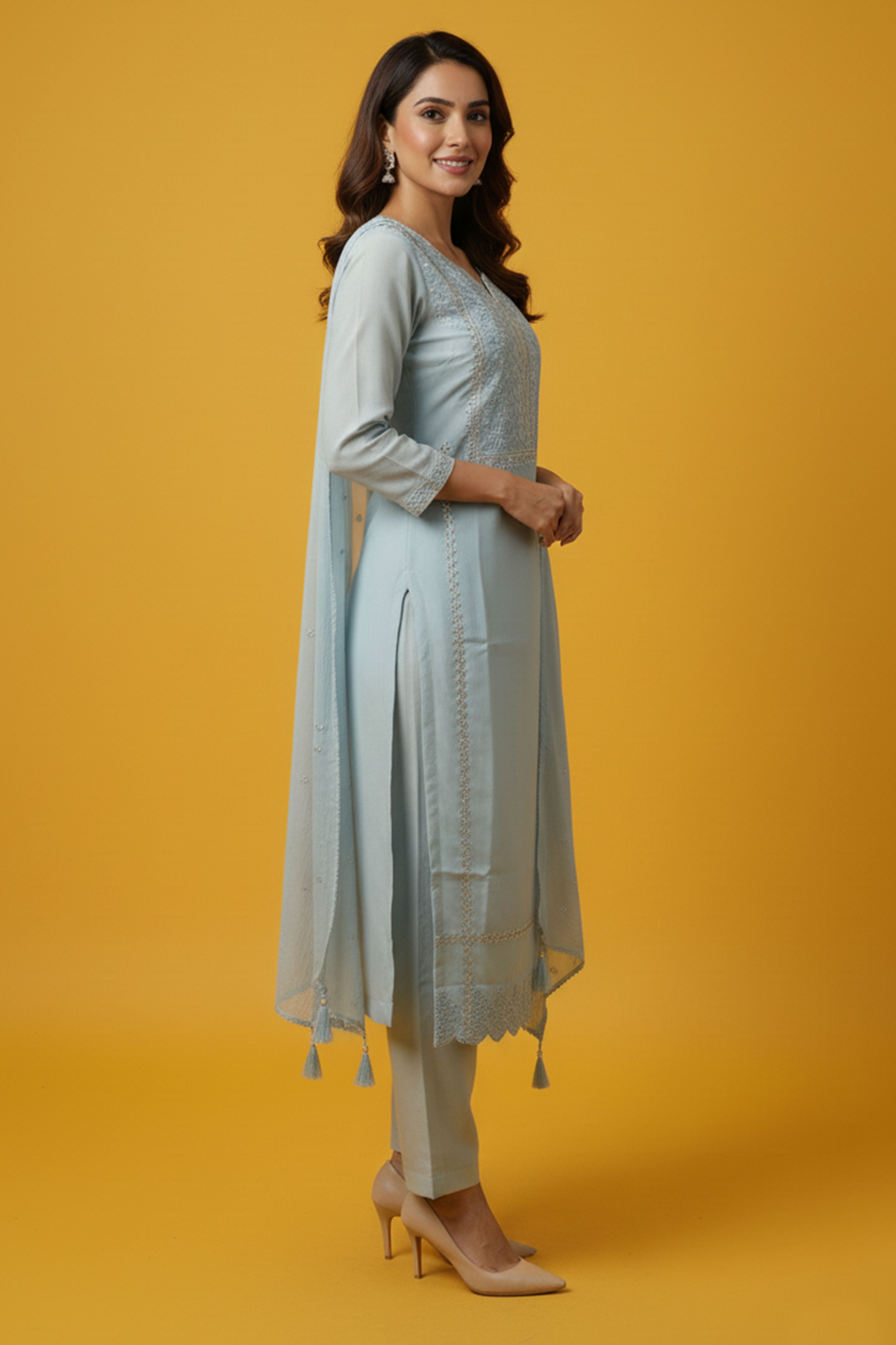 Festive Powder Blue Straight Viscose Blend Salwar Suit with Delicate Beads and Embroidery Detailing