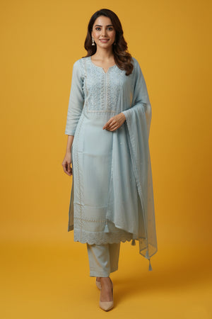 Festive Powder Blue Straight Viscose Blend Salwar Suit with Delicate Beads and Embroidery Detailing