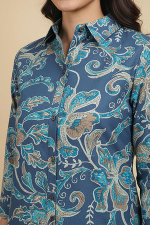 Blue Viscose Suit Set Featuring Elegant Floral Prints and Classic Straight Cut Pattern