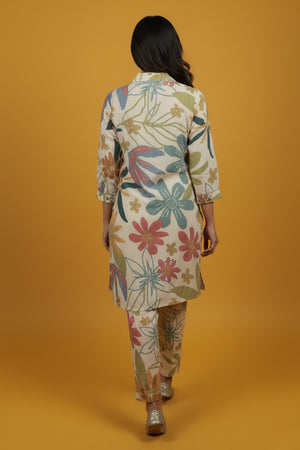 Casual Off White Floral Printed Rayon Shirt-Pant Set for Everyday Wear