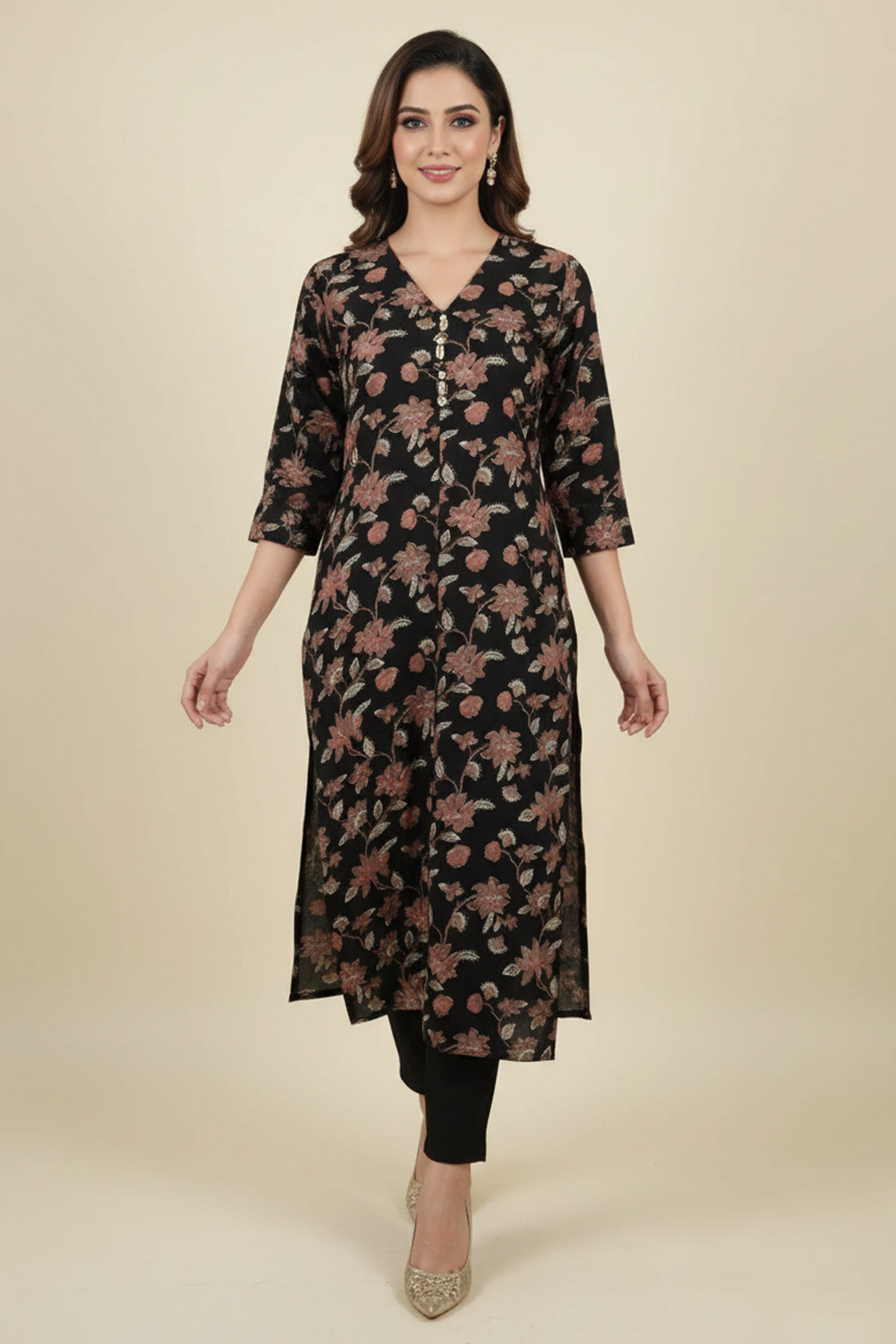 Ebony Black Bloom Rayon Straight Kurti with Floral Design