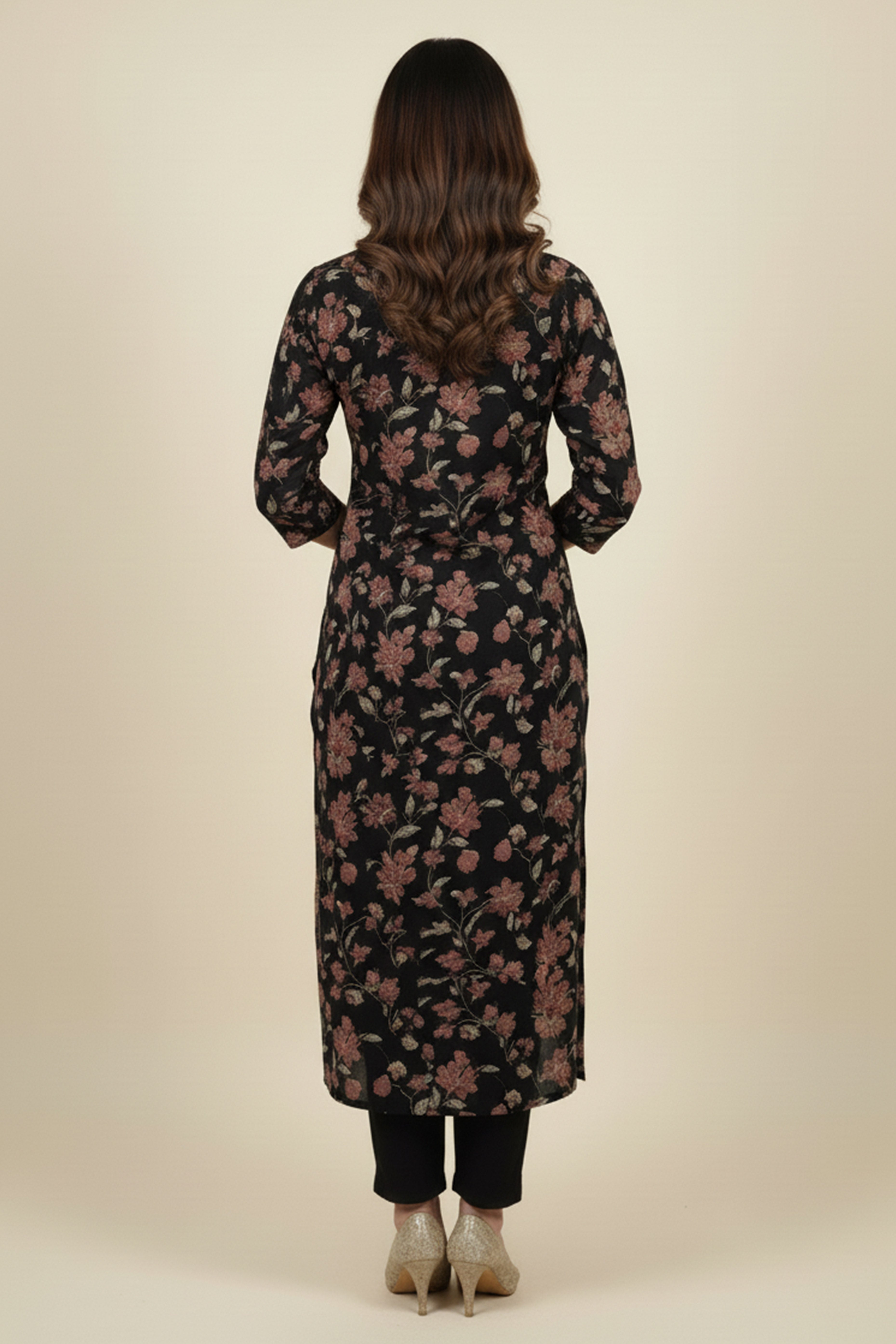 Ebony Black Bloom Rayon Straight Kurti with Floral Design