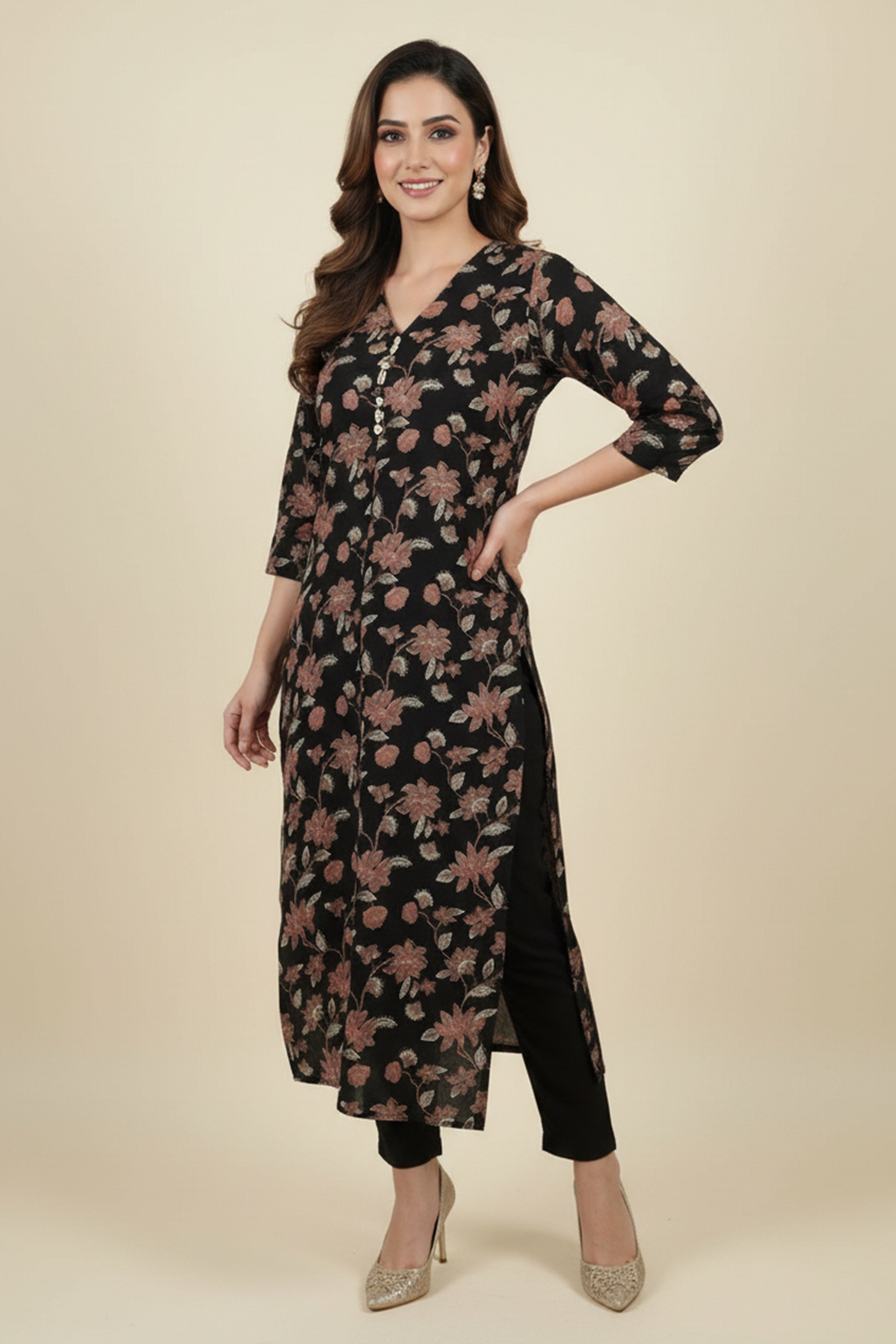 Ebony Black Bloom Rayon Straight Kurti with Floral Design