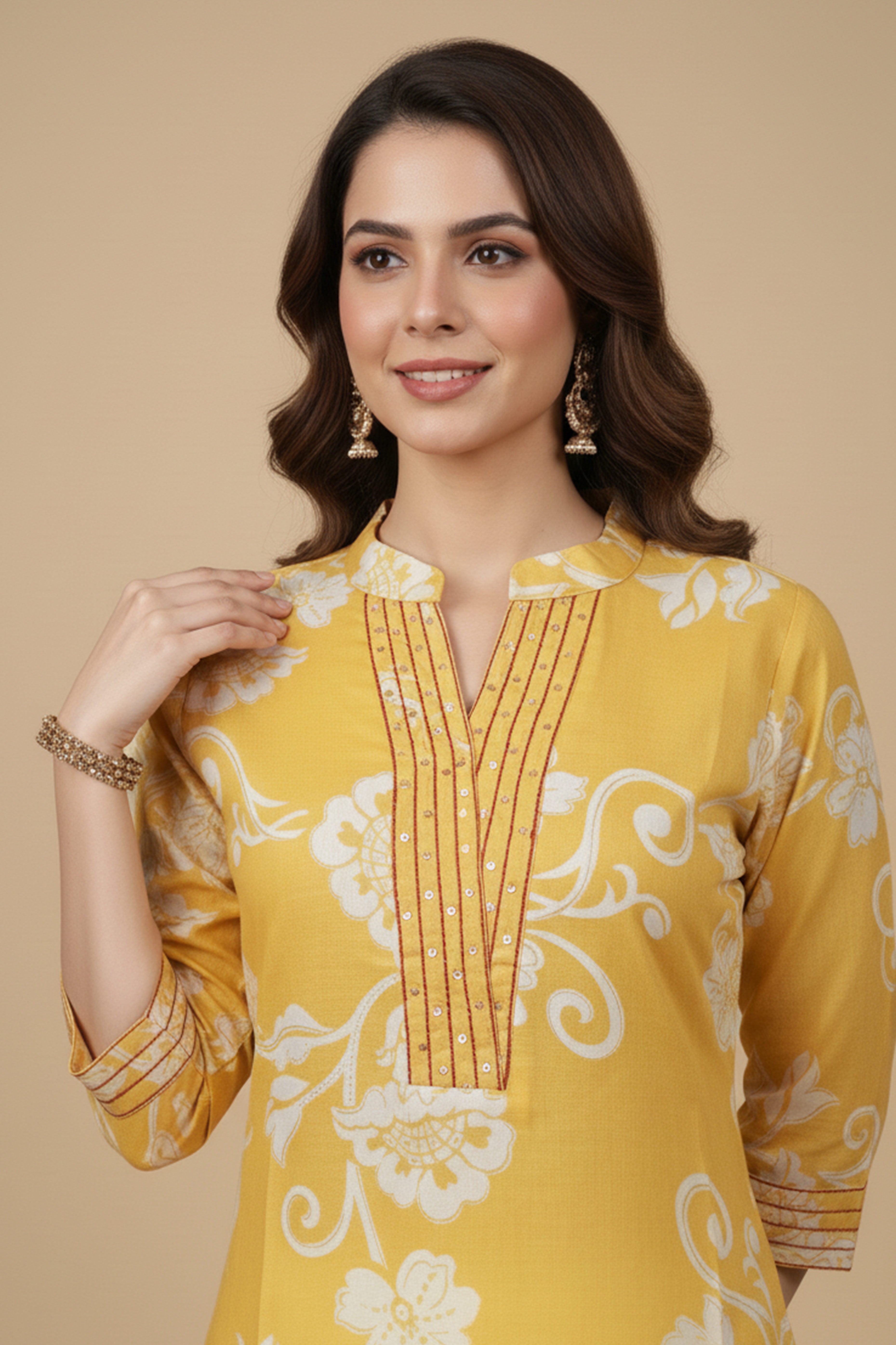 Stylish Yellow Floral Printed Kurti in Soft Pure Cotton with Embroidered Neck Detailing