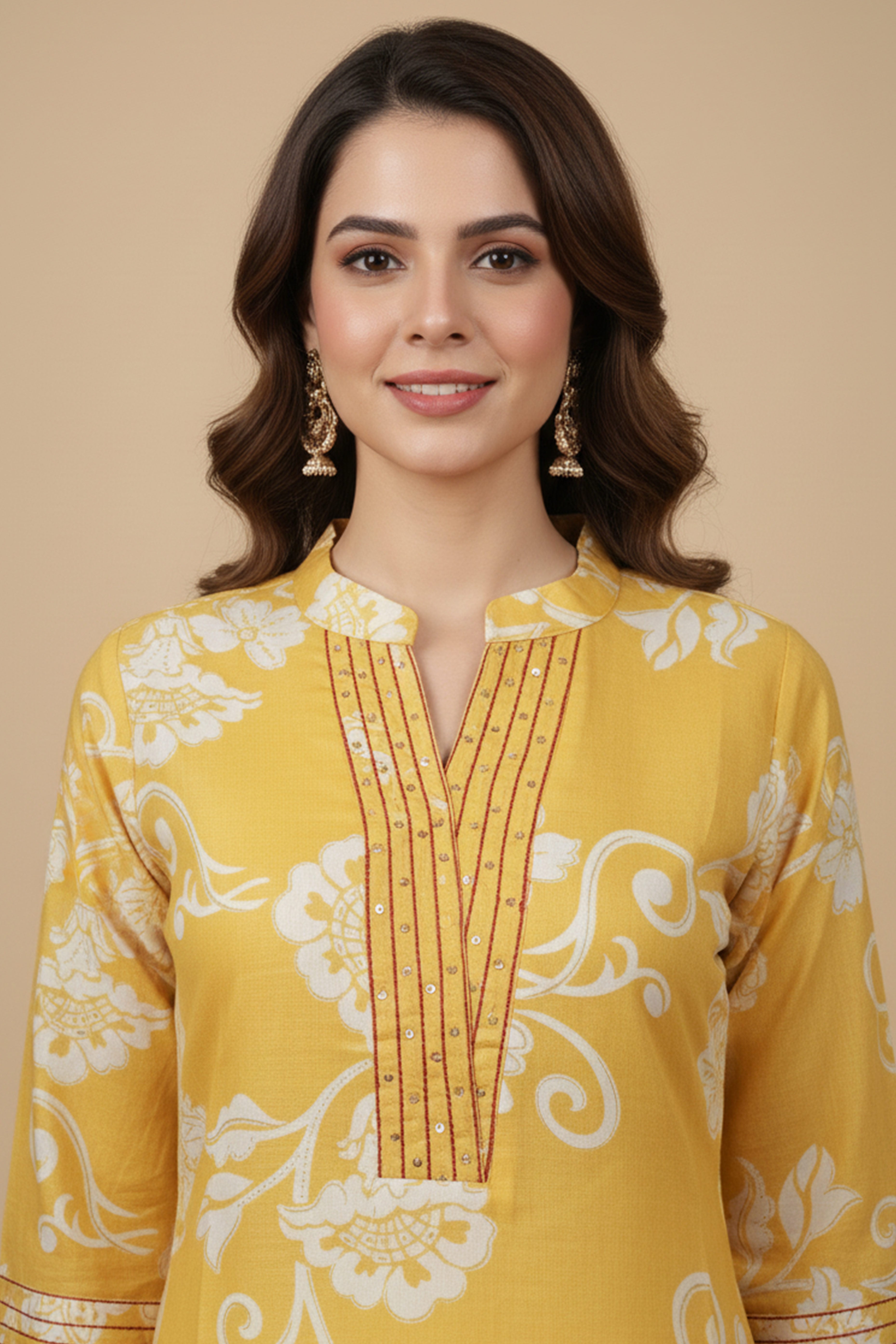 Stylish Yellow Floral Printed Kurti in Soft Pure Cotton with Embroidered Neck Detailing