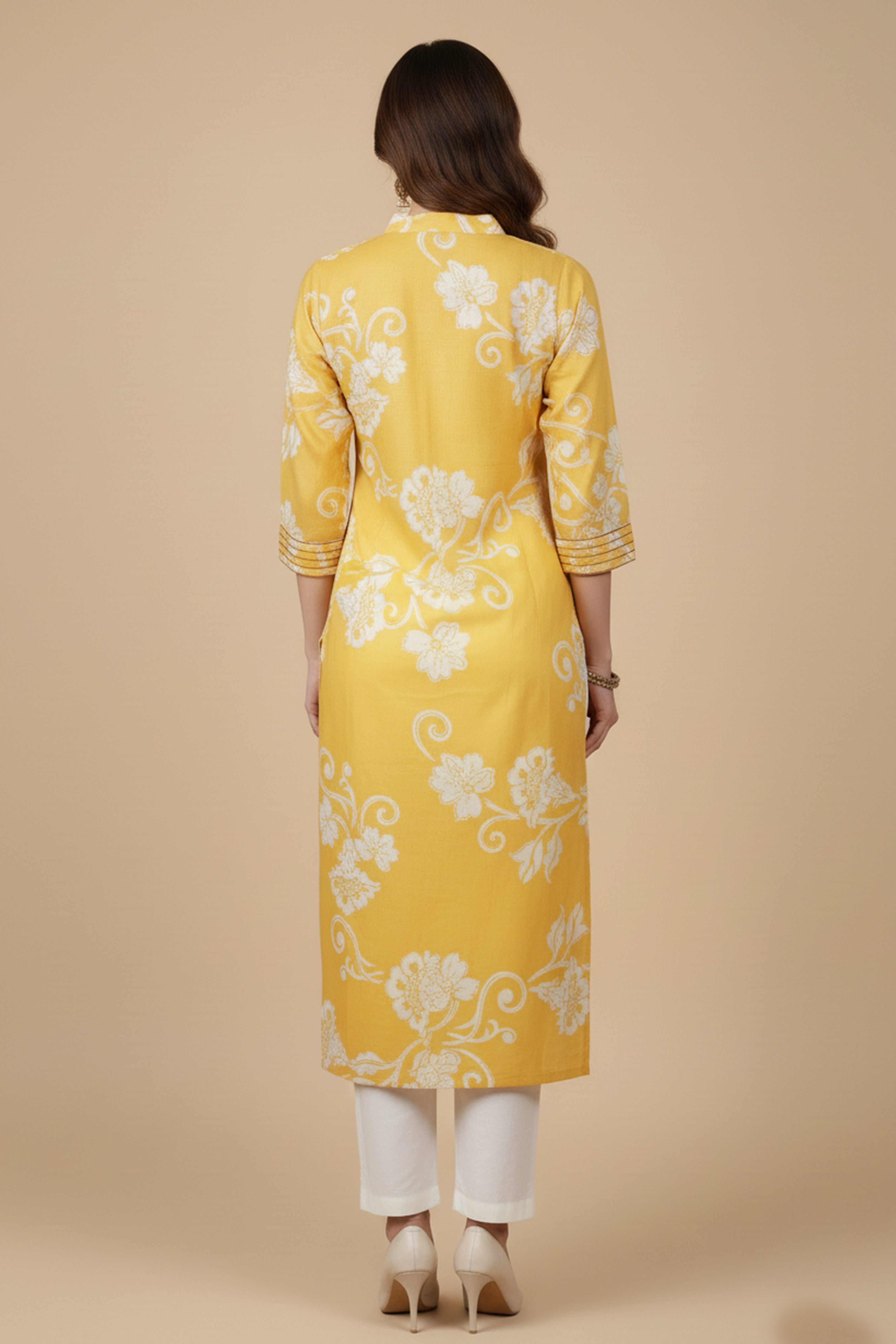 Stylish Yellow Floral Printed Kurti in Soft Pure Cotton with Embroidered Neck Detailing