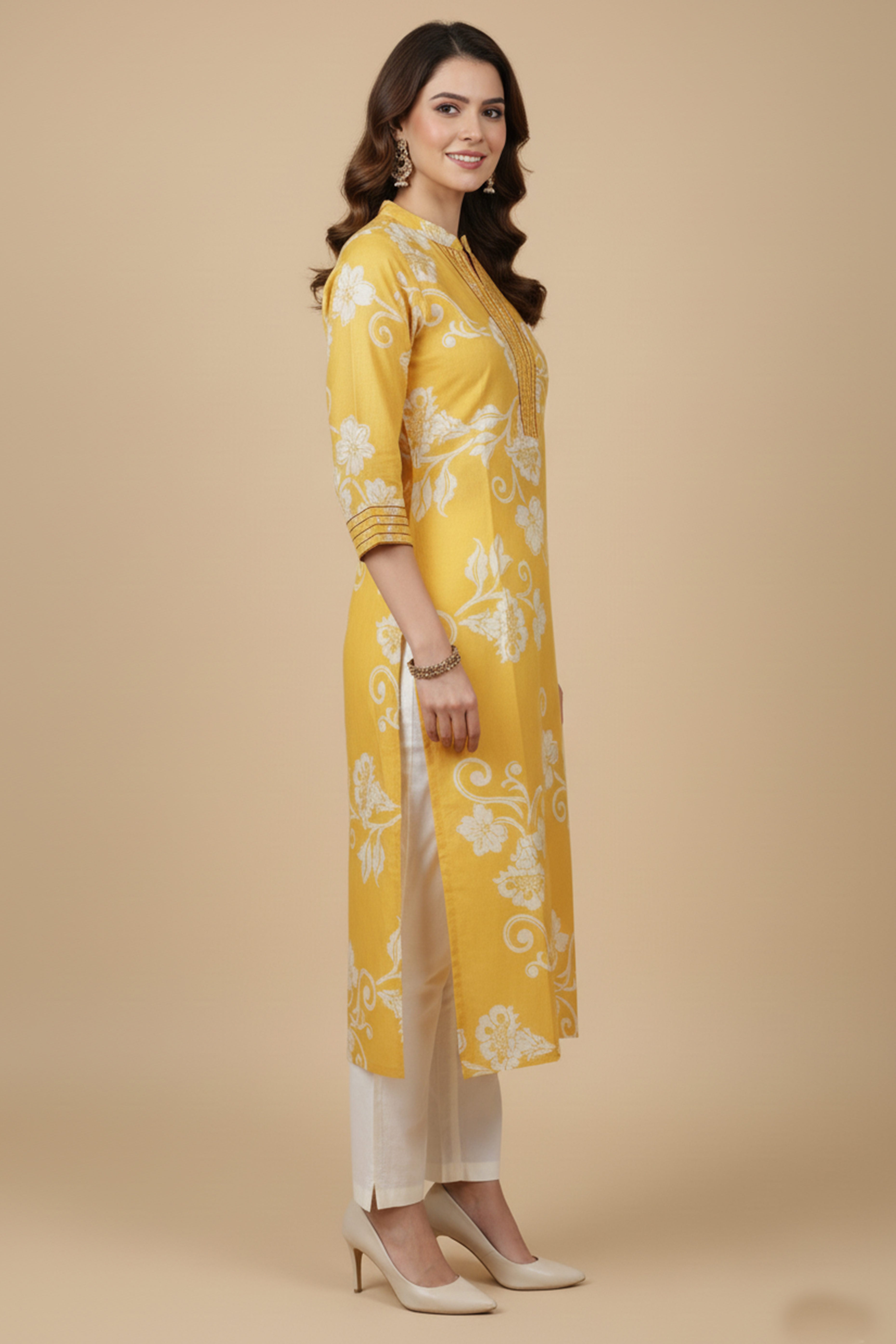 Stylish Yellow Floral Printed Kurti in Soft Pure Cotton with Embroidered Neck Detailing