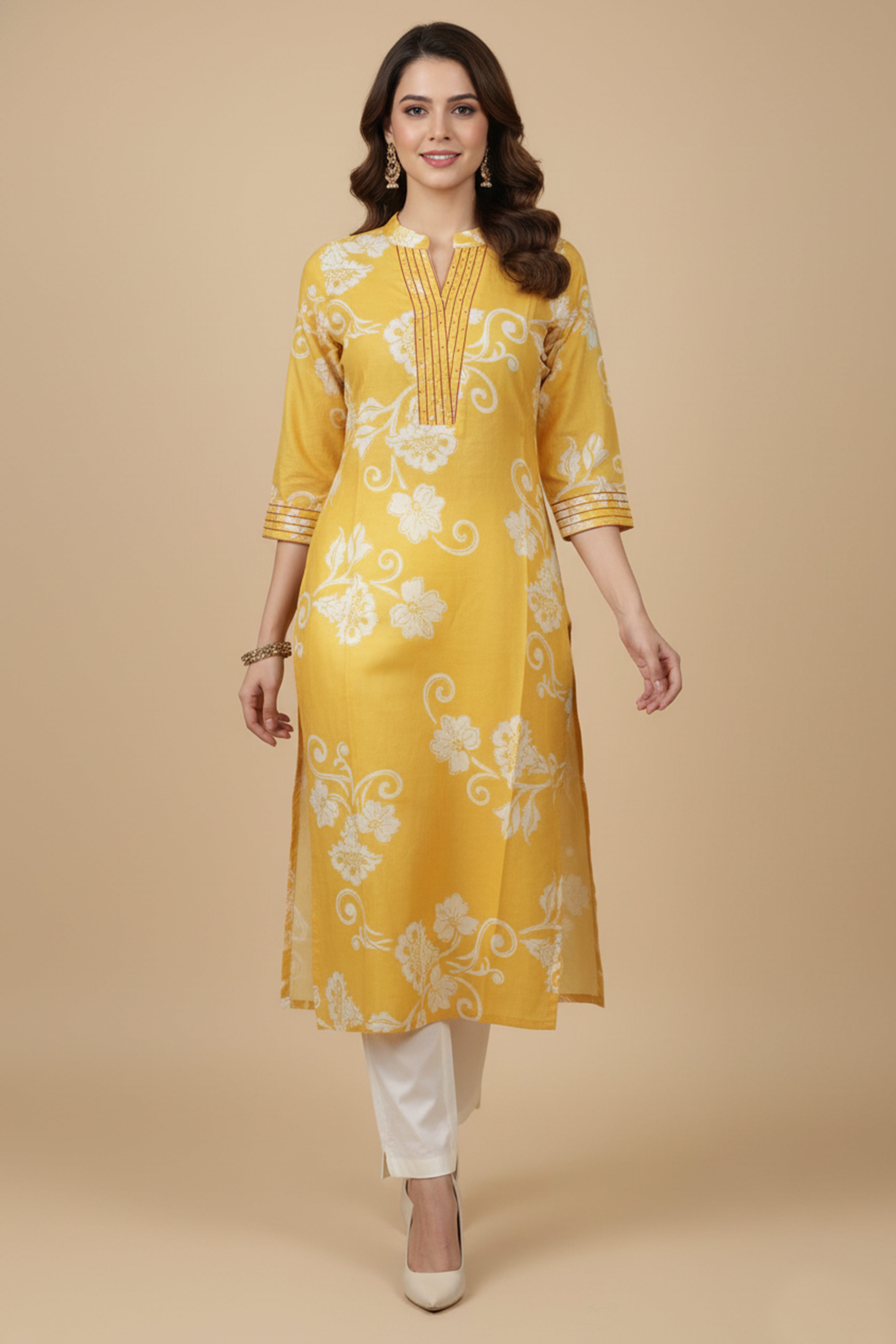 Stylish Yellow Floral Printed Kurti in Soft Pure Cotton with Embroidered Neck Detailing