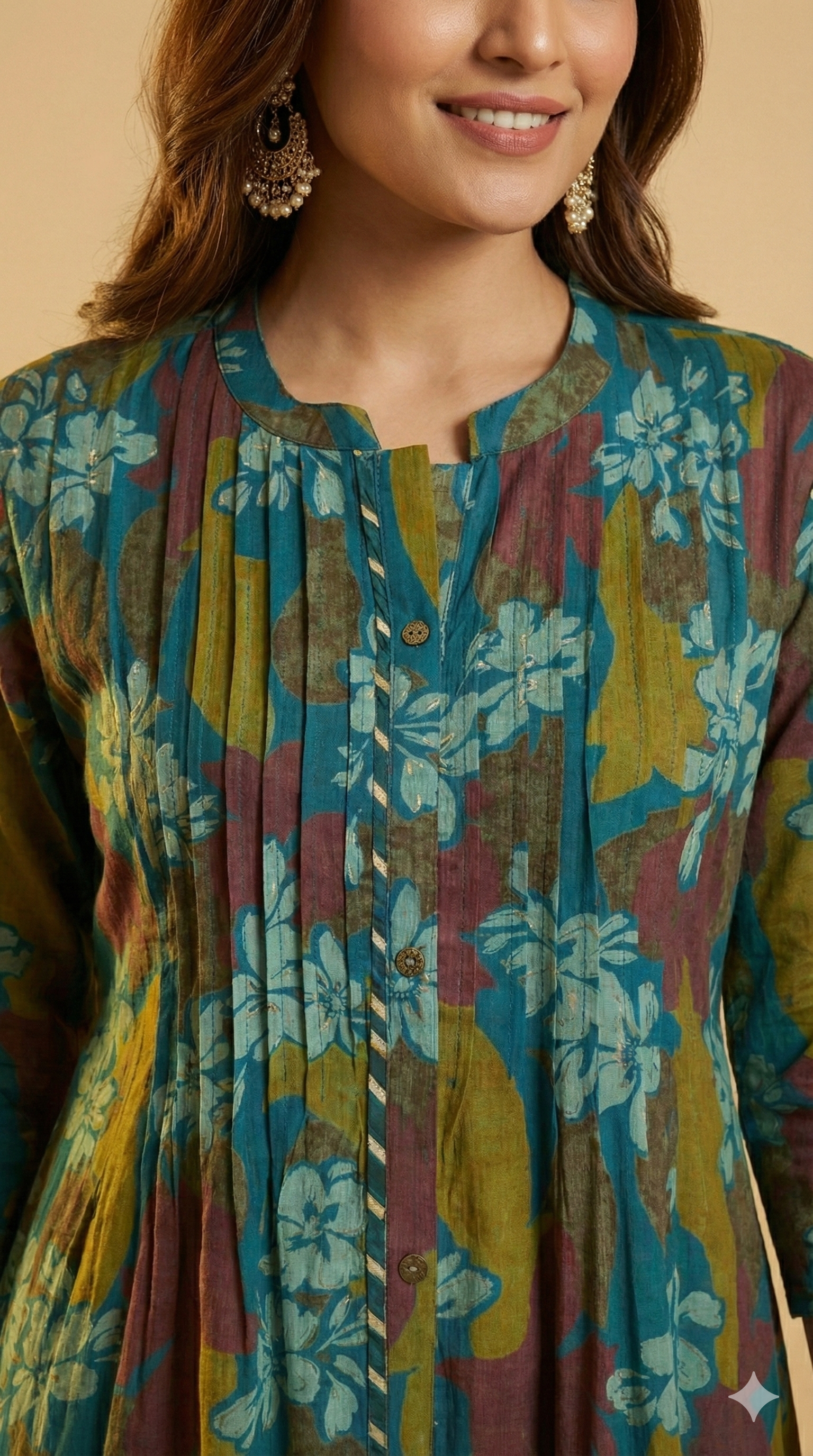 Green Floral Printed Pleated Silk Chiffon A-Line Top–Bottom Set for Refined Styling