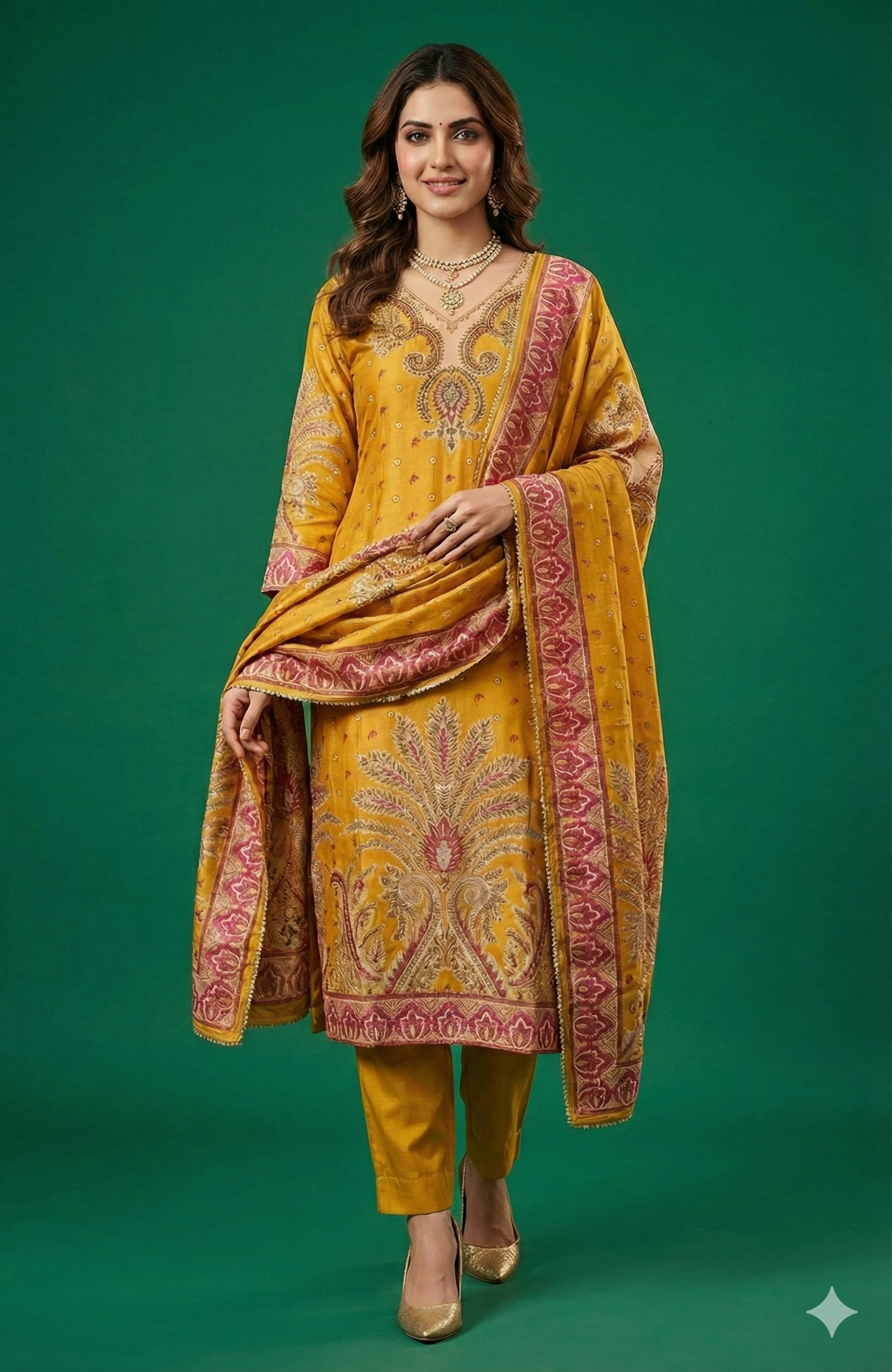 Timeless Mustard Floral Motifs Muslin Straight Cut Salwar Suit Premium Heavy Stones Work