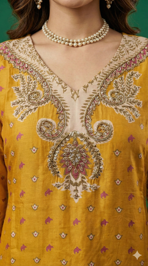 Timeless Mustard Floral Motifs Muslin Straight Cut Salwar Suit Premium Heavy Stones Work