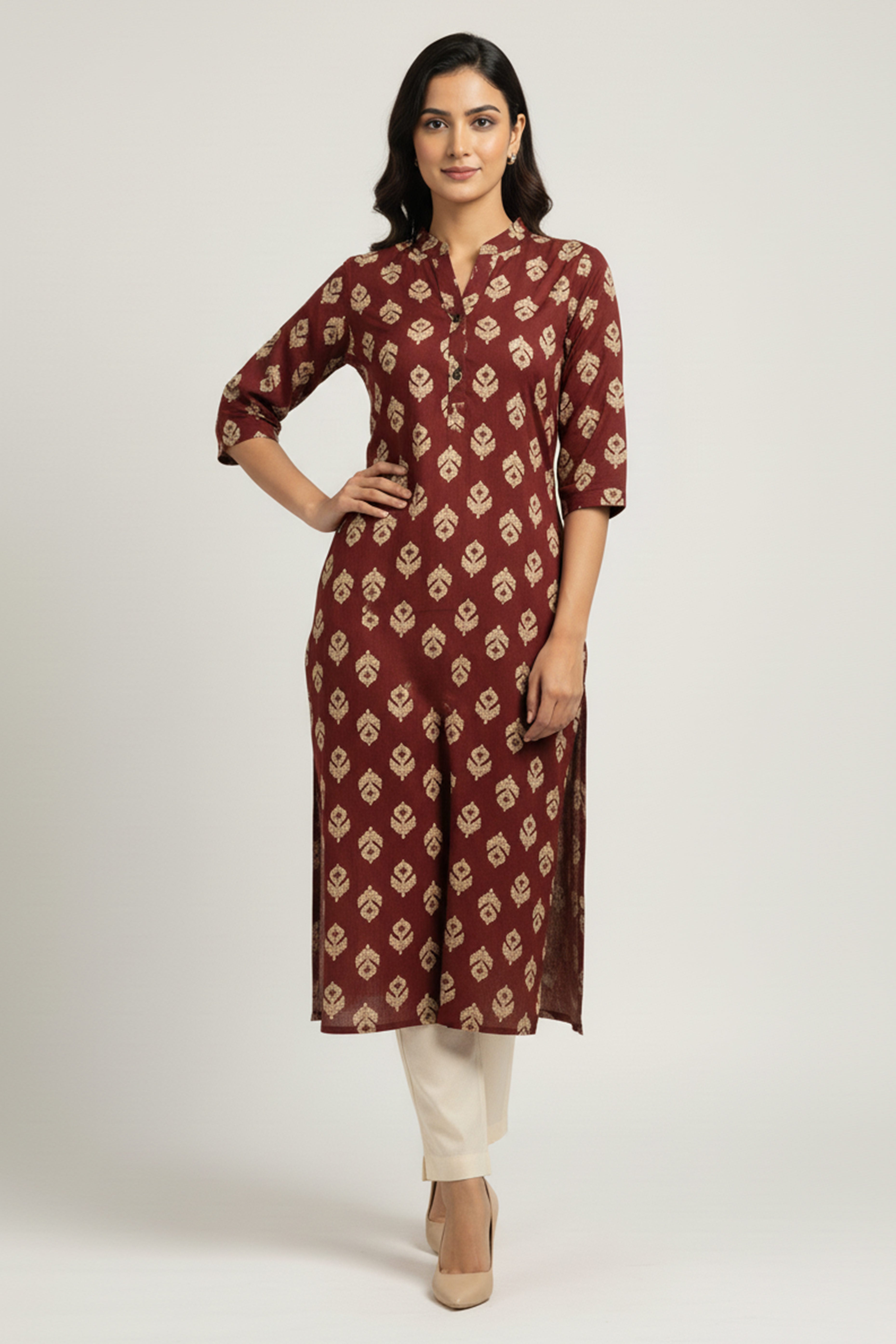 Comfortable Maroon Floral Print Straight Kurti Made in Rayon Fabric