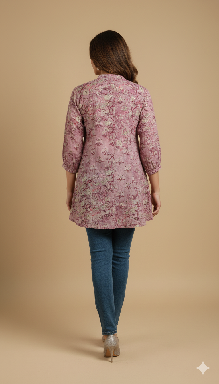 Pink Lightweight Rayon Straight Office Top with Elegant Floral Patterns