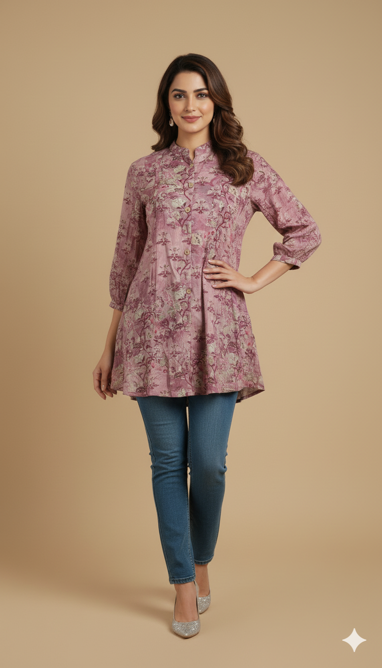 Pink Lightweight Rayon Straight Office Top with Elegant Floral Patterns