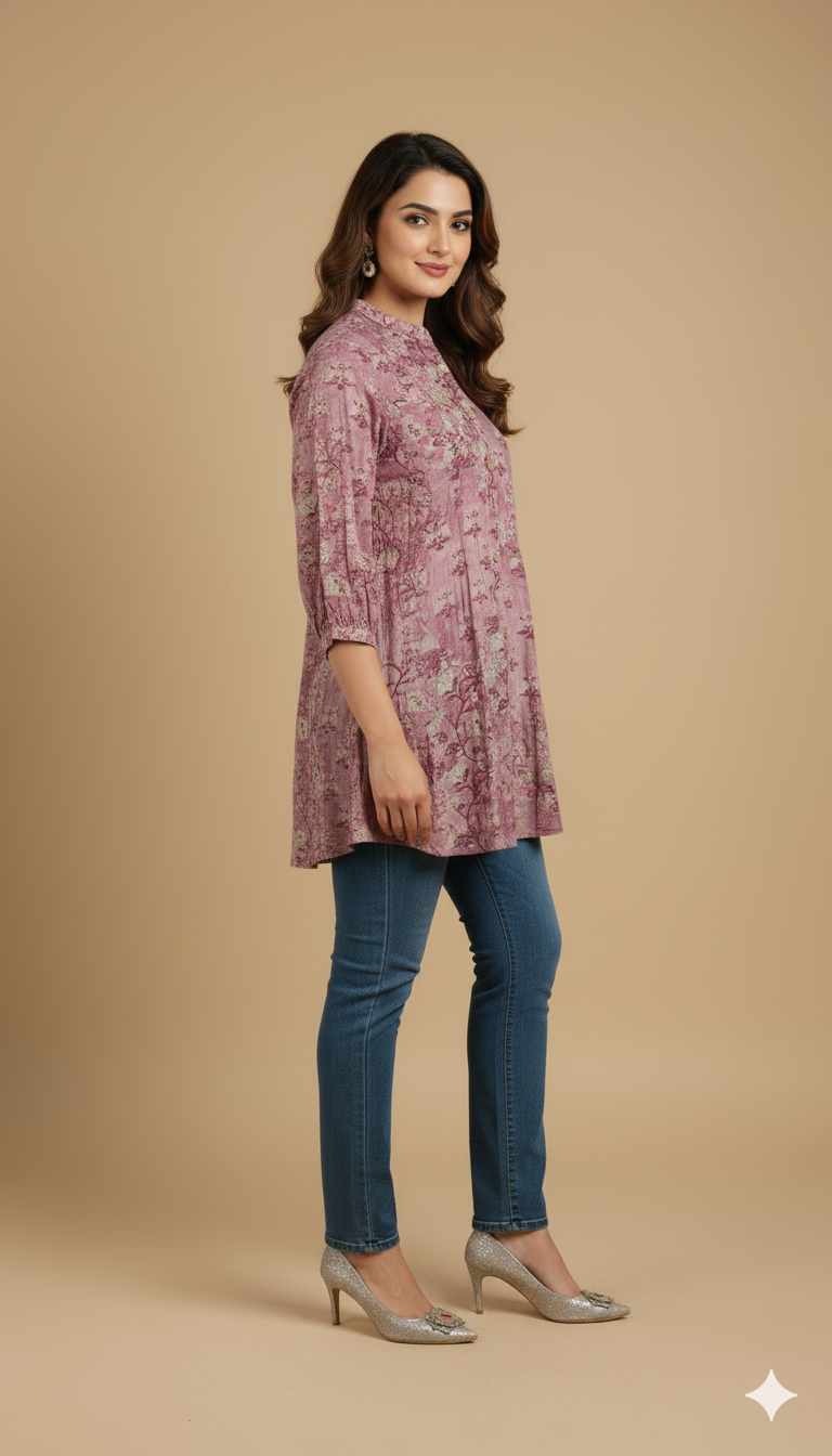 Pink Lightweight Rayon Straight Office Top with Elegant Floral Patterns