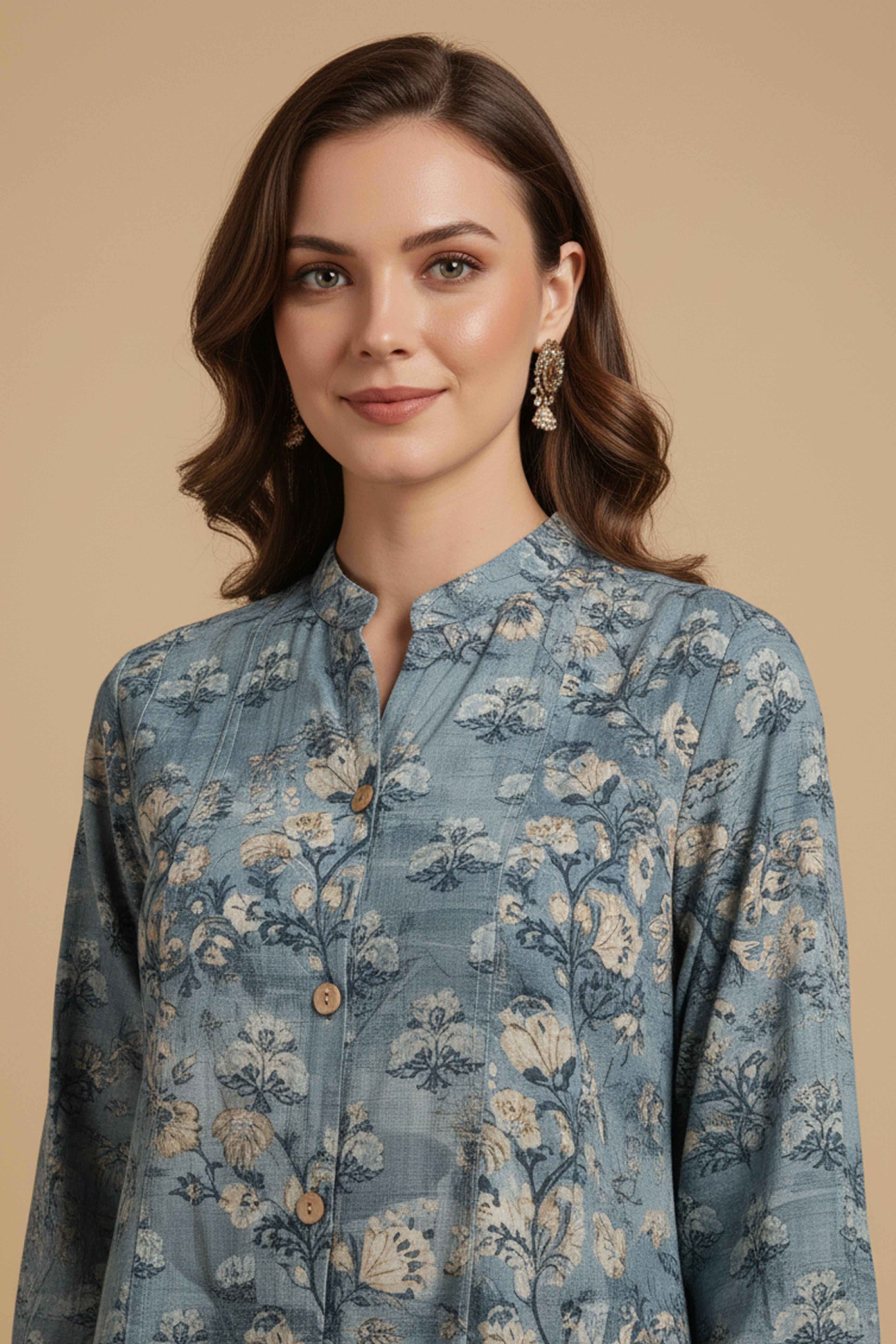 Blue Lightweight Rayon Straight Office Top with Elegant Floral Patterns