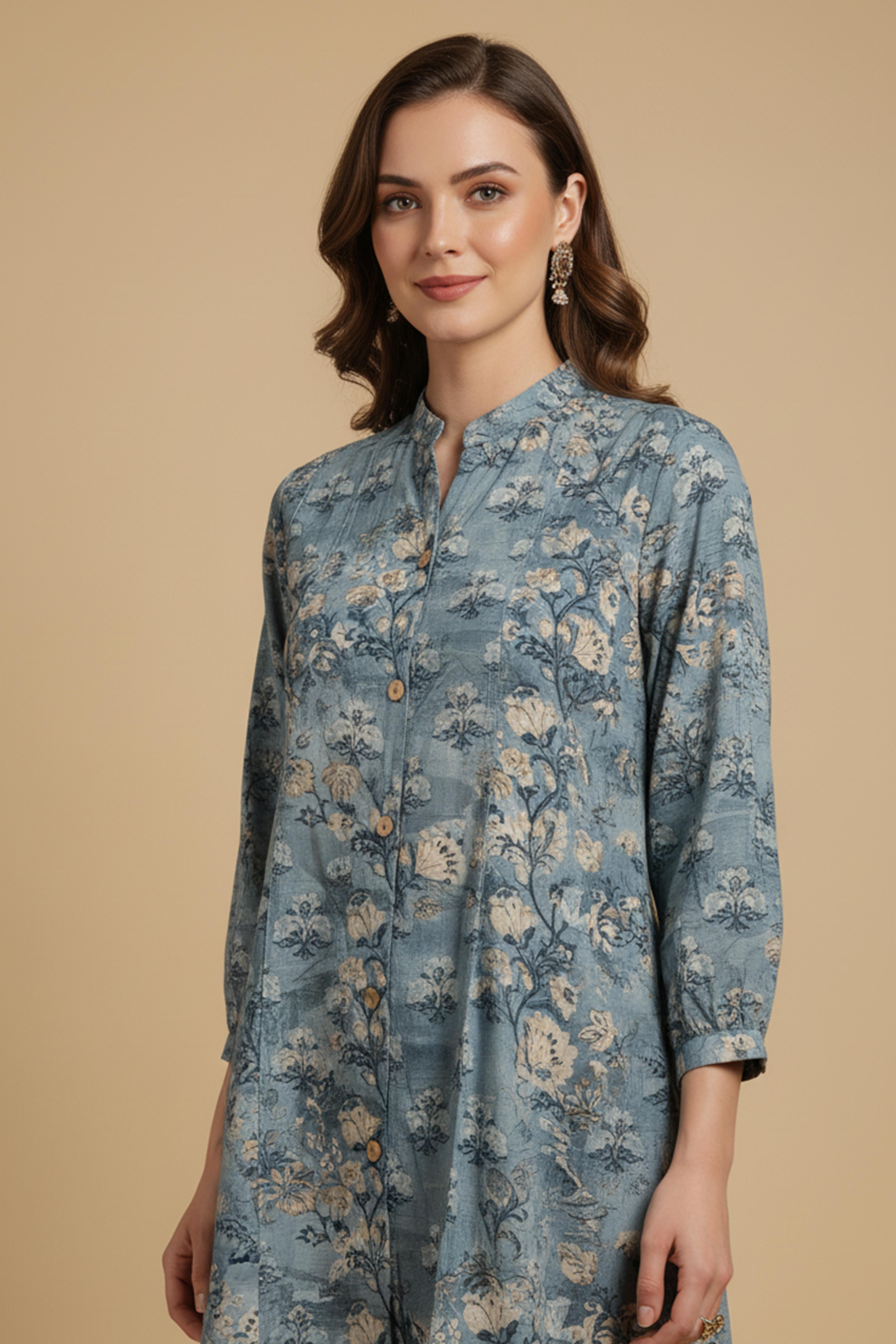 Blue Lightweight Rayon Straight Office Top with Elegant Floral Patterns