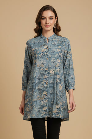 Blue Lightweight Rayon Straight Office Top with Elegant Floral Patterns